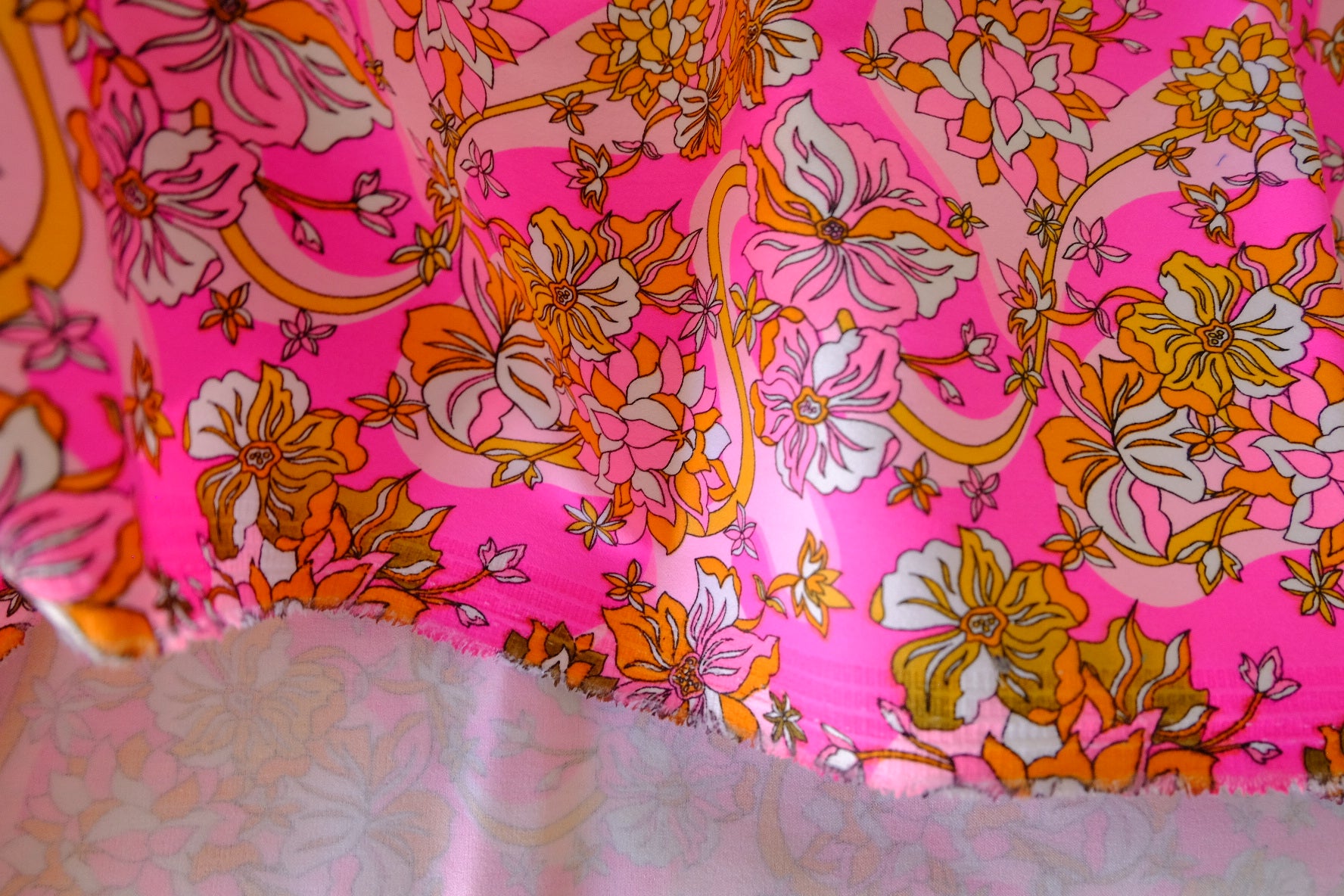 Bright Pink Vintage Floral Cotton Twill Fabric – 2.2 yd