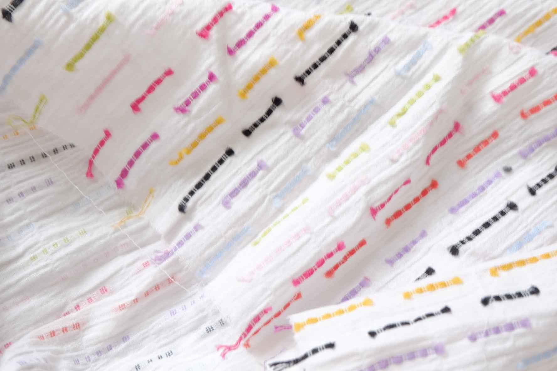 Crinkled Cotton Clip Dot Fabric with Multicolor Embroidery, Soft Opaque Summer Blouse Fabric, 2.19 Yards