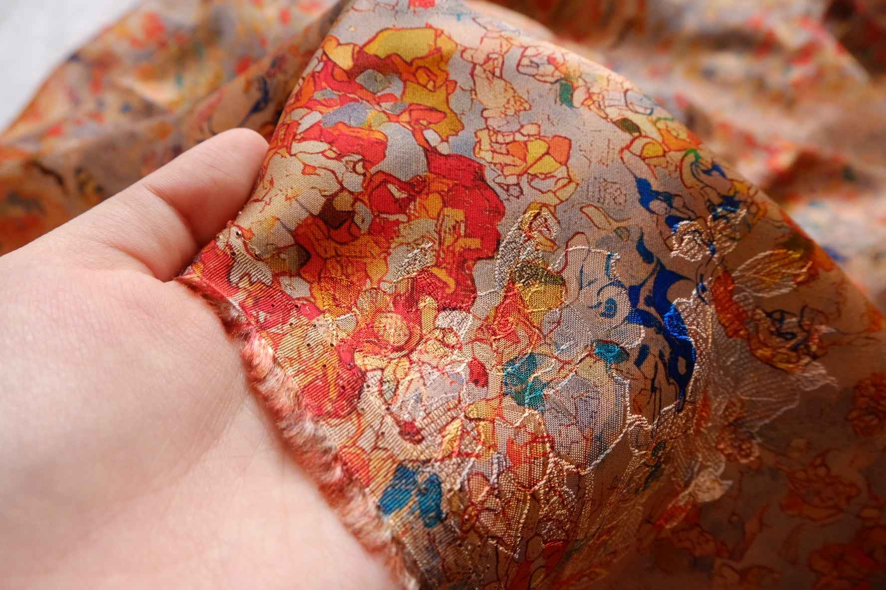 Abstract Dunhuang Silk Jacquard Fabric, Glossy Fluid Art Textile, 2.19 Yards