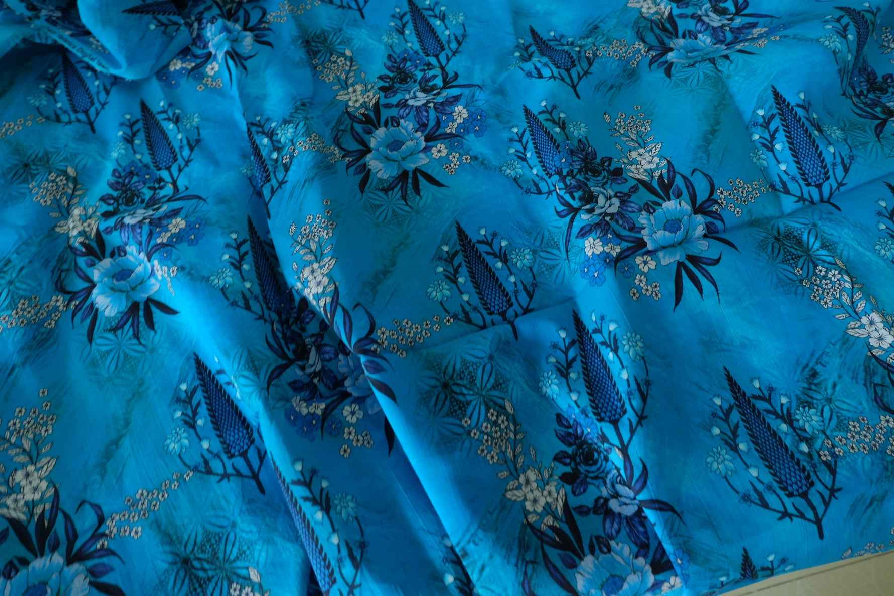 Turquoise Blue Floral Lightweight Cotton Lawn Fabric – 3.3 yd
