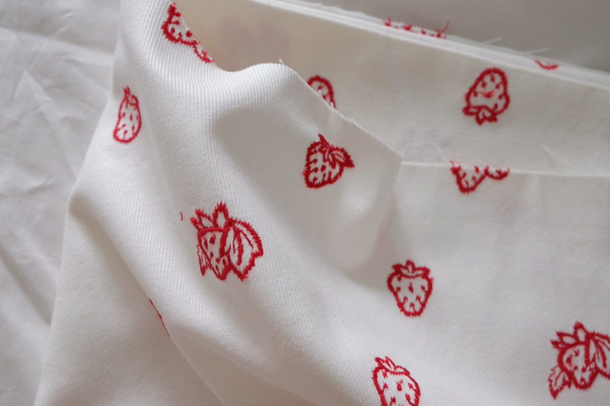 Red Strawberry Embroidered Heavy Cotton Twill – 2.2 yd