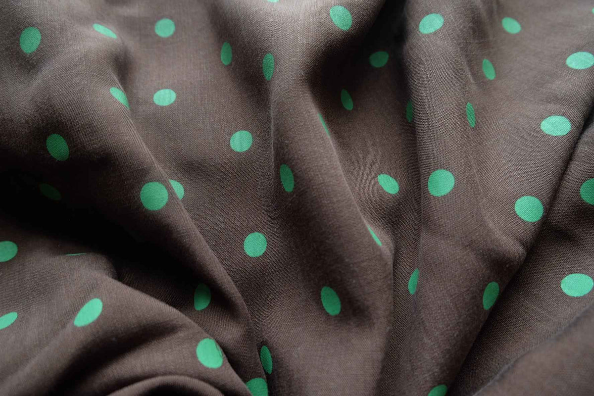 Chocolate & Green Polka Dot Tencel Linen — 2.2 yd