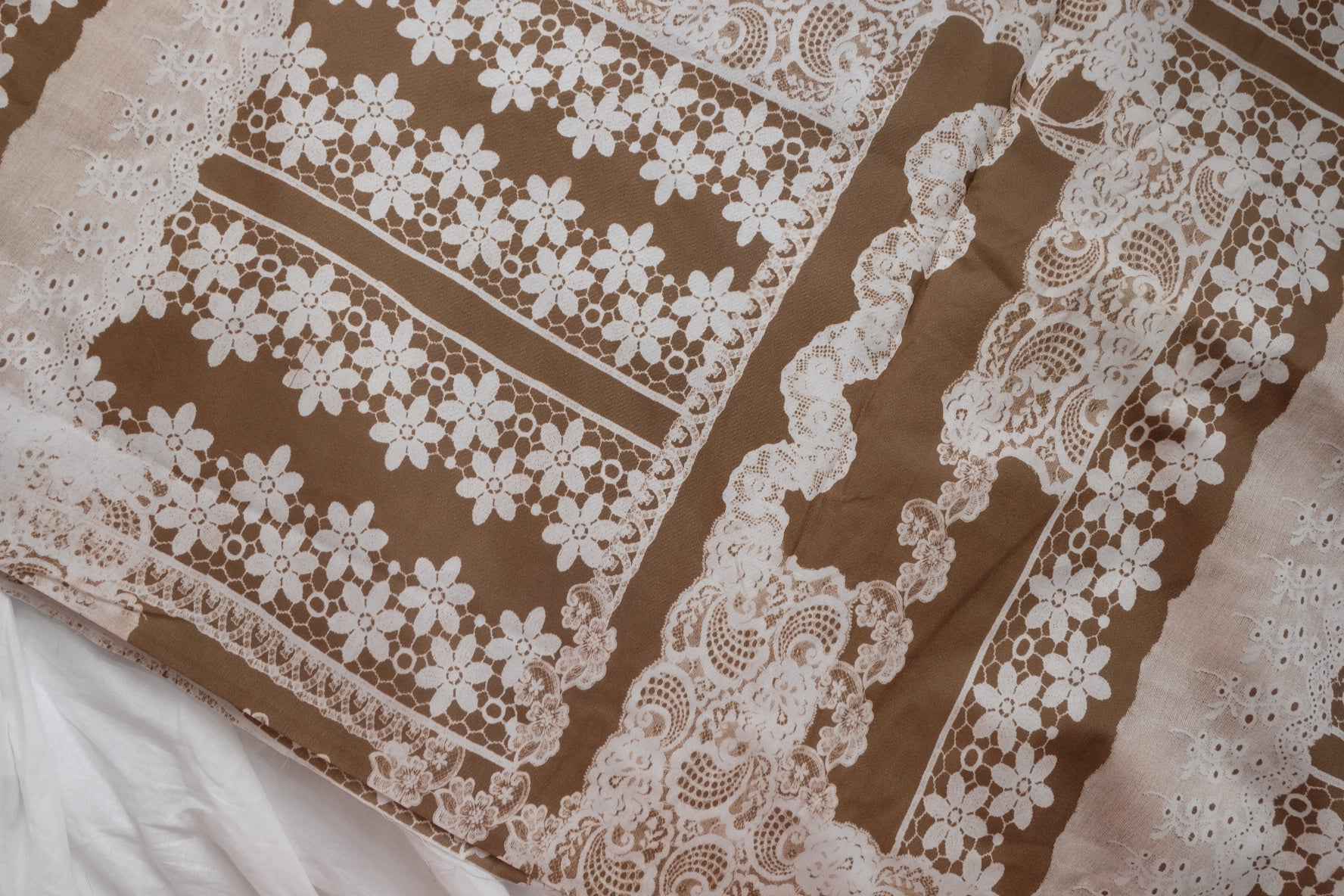 Lace Patchwork Cotton Poplin Fabric, Printed Vintage Tablecloth Look, 4.92 Yards