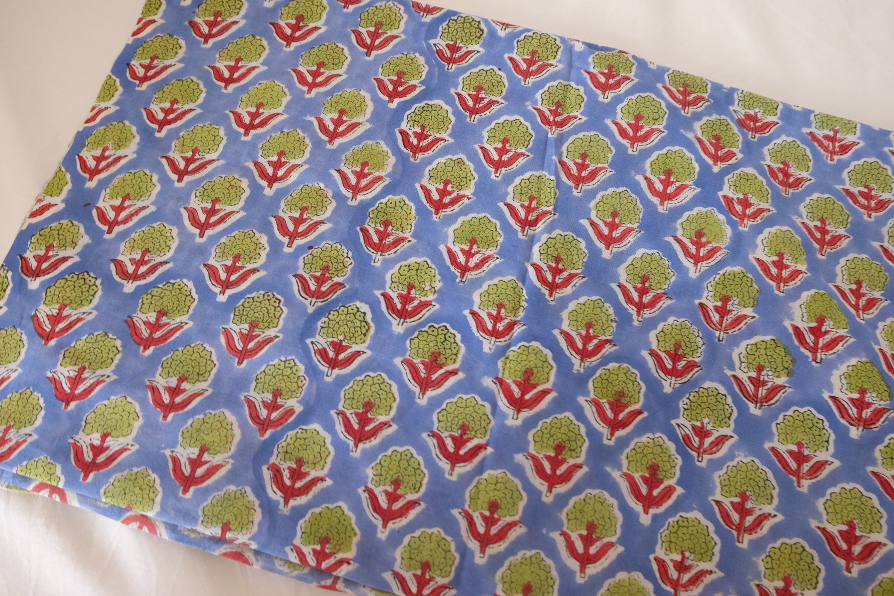 Hand Block Printed Indian Cotton Fabric – Blue Ground with Green Floral Motif – Sold by the Meter