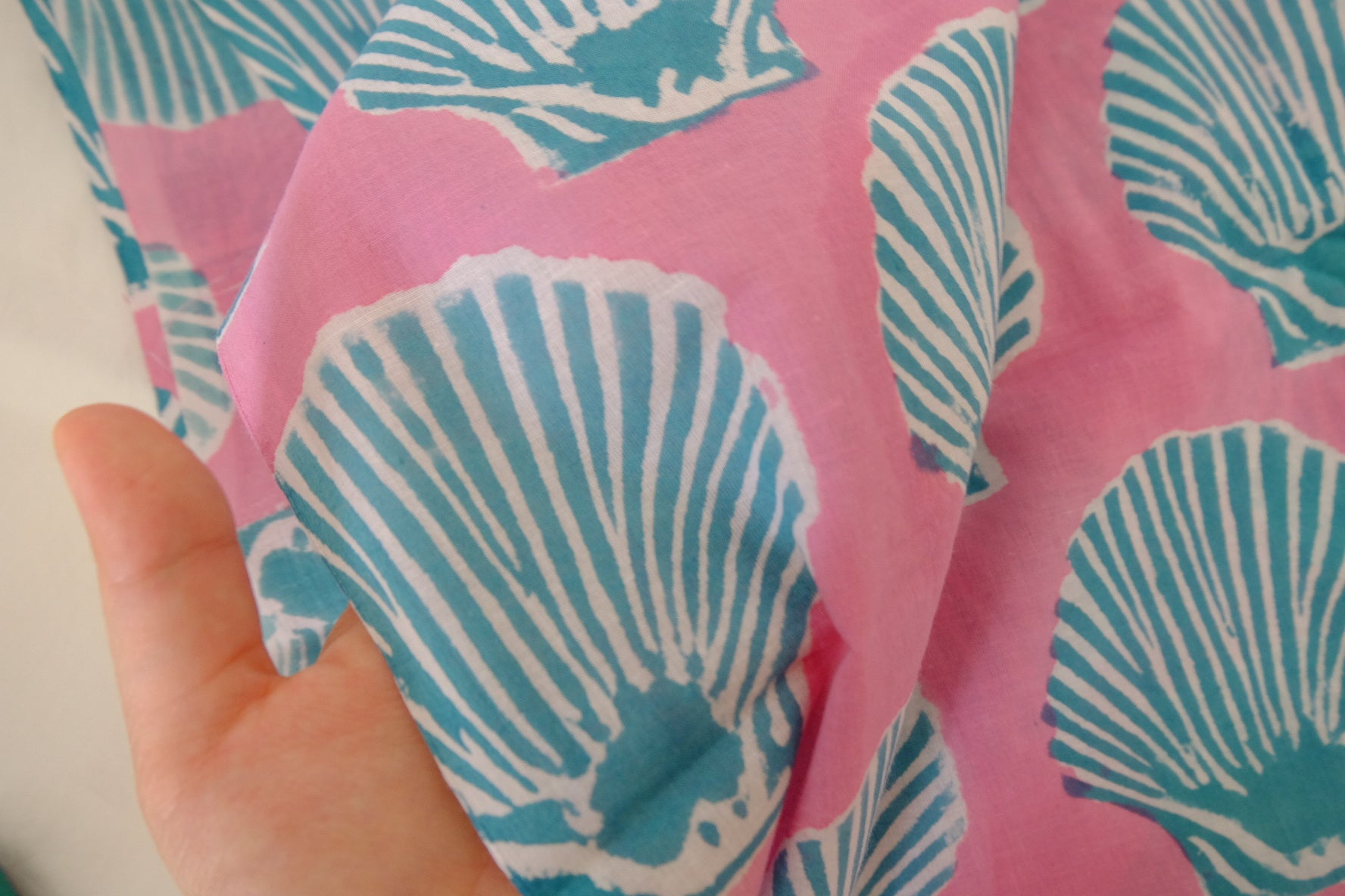 Hand Block Printed Indian Cotton Fabric – Shell Motif Pink Cotton – Sold by the Meter