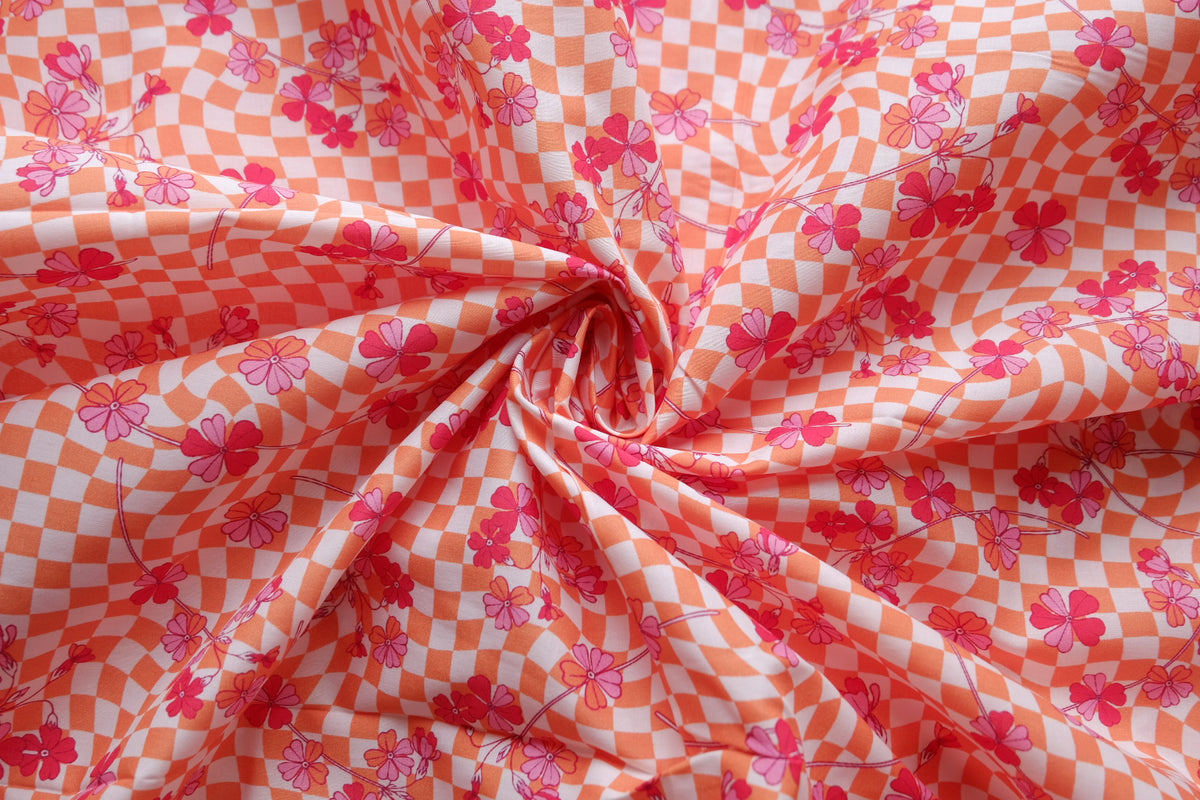 Orange Check Floral Cotton Poplin – 2.6 yd