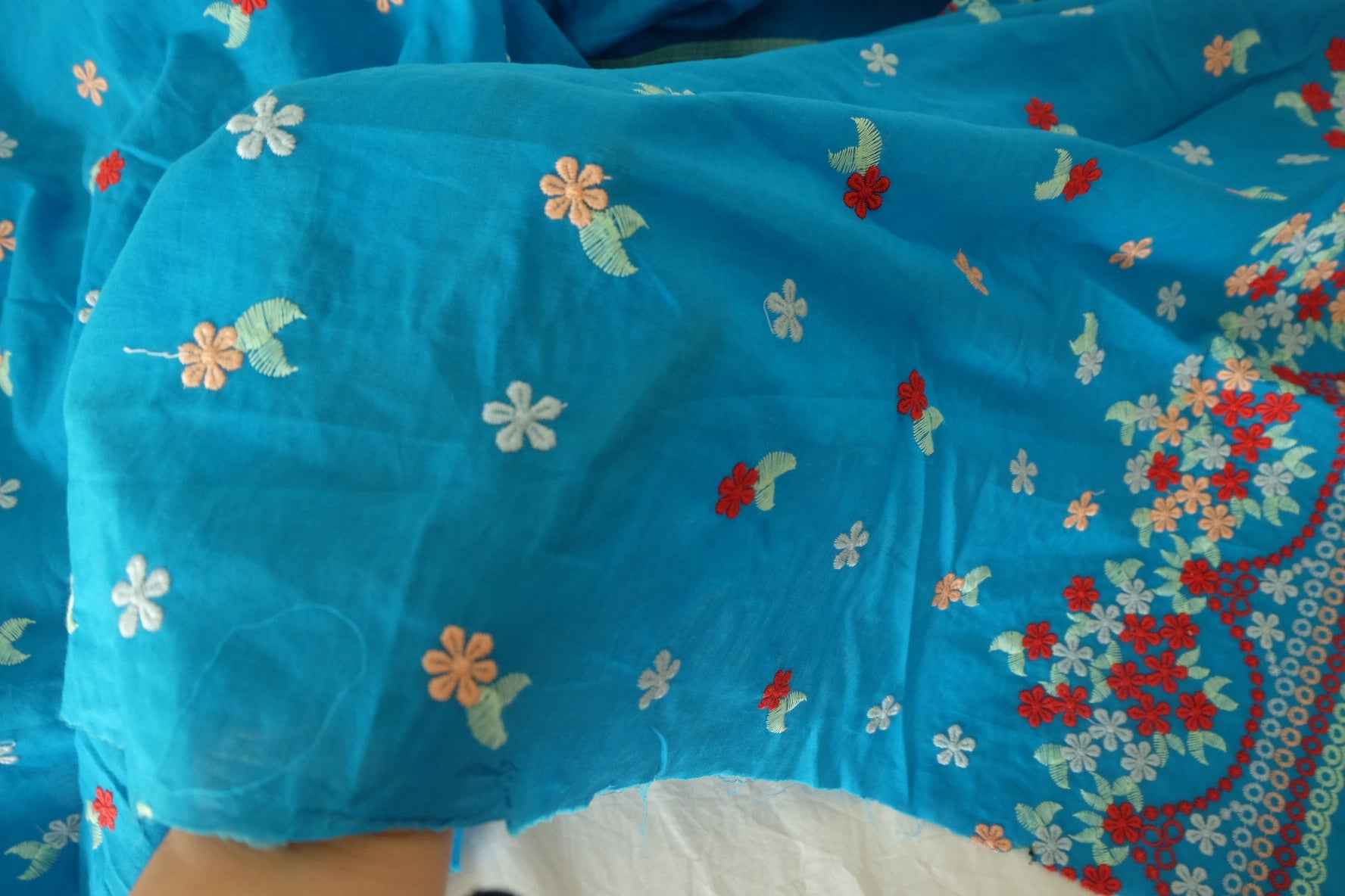 Double-Sided Floral Embroidered Cotton Fabric – Soft Blue Base – 1.9 yd Cut