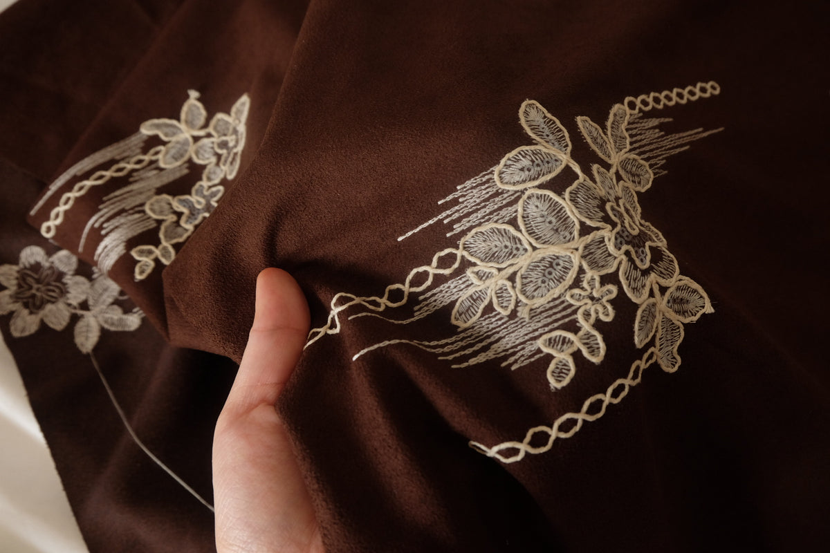 Chocolate Floral Embroidered Faux Suede – 1.1 yd