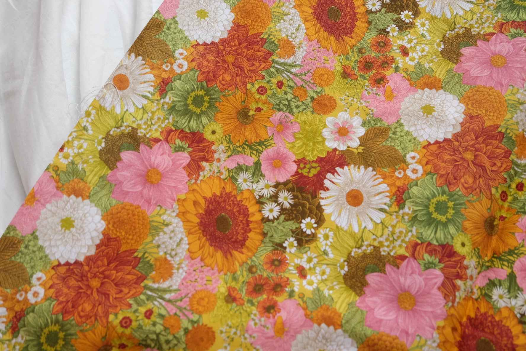 Organic Floral Cotton Poplin Fabric, Retro Garden Print, 2.19 Yards