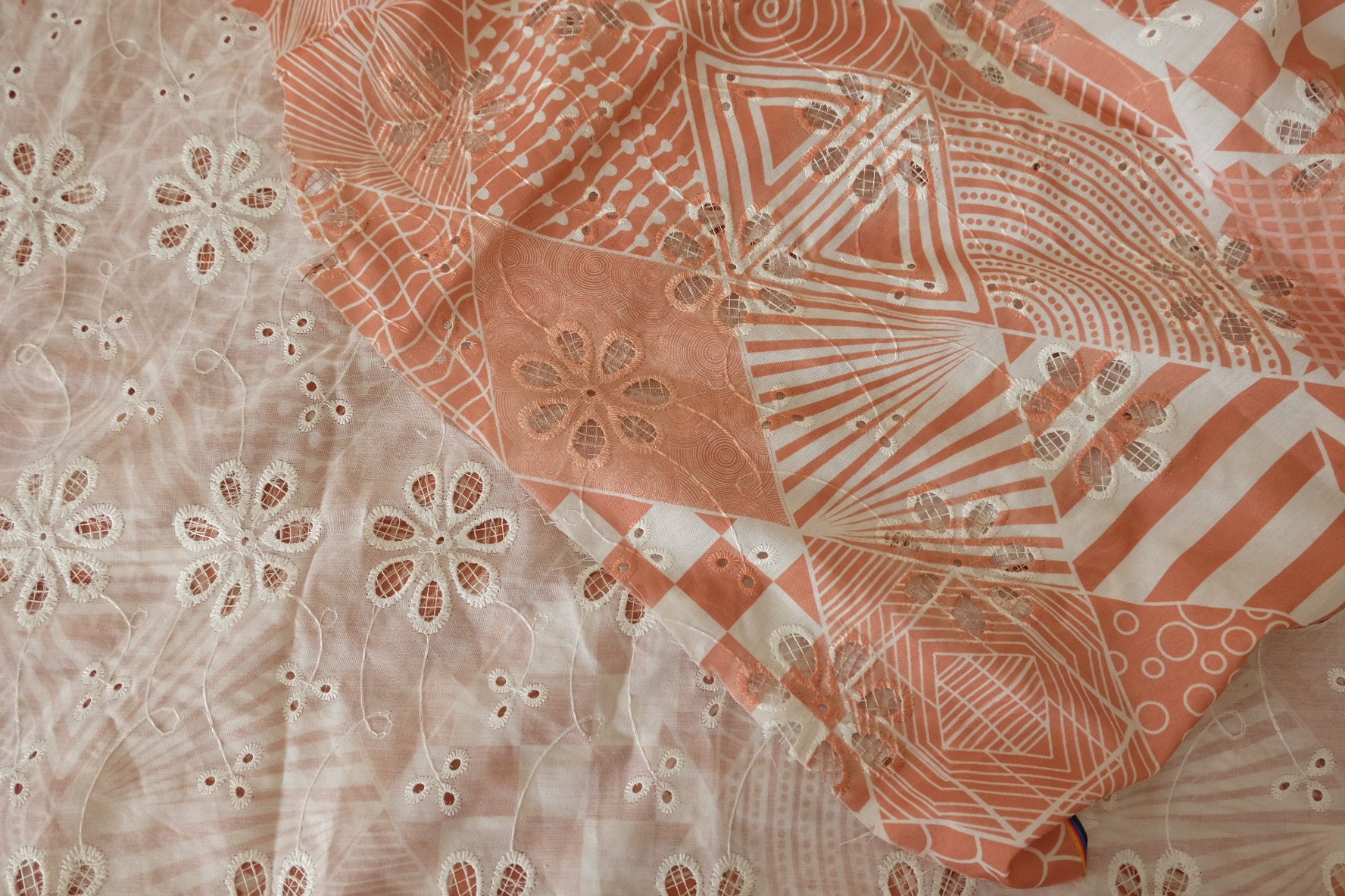 Coral Geometric Embroidered Tencel Cotton Fabric - 2.5 yd