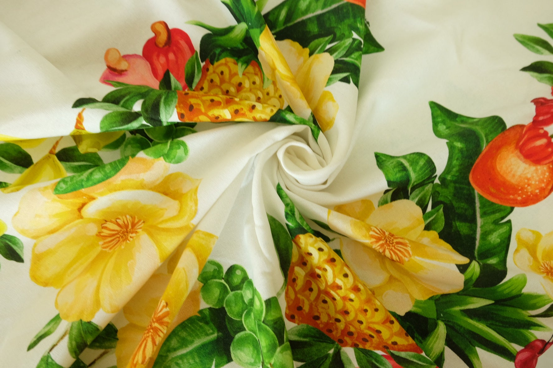 Farm Rio Style Linen Cotton Fabric – Tropical Fruit Floral Placement Print (1.8 yd, 1.45m Width)