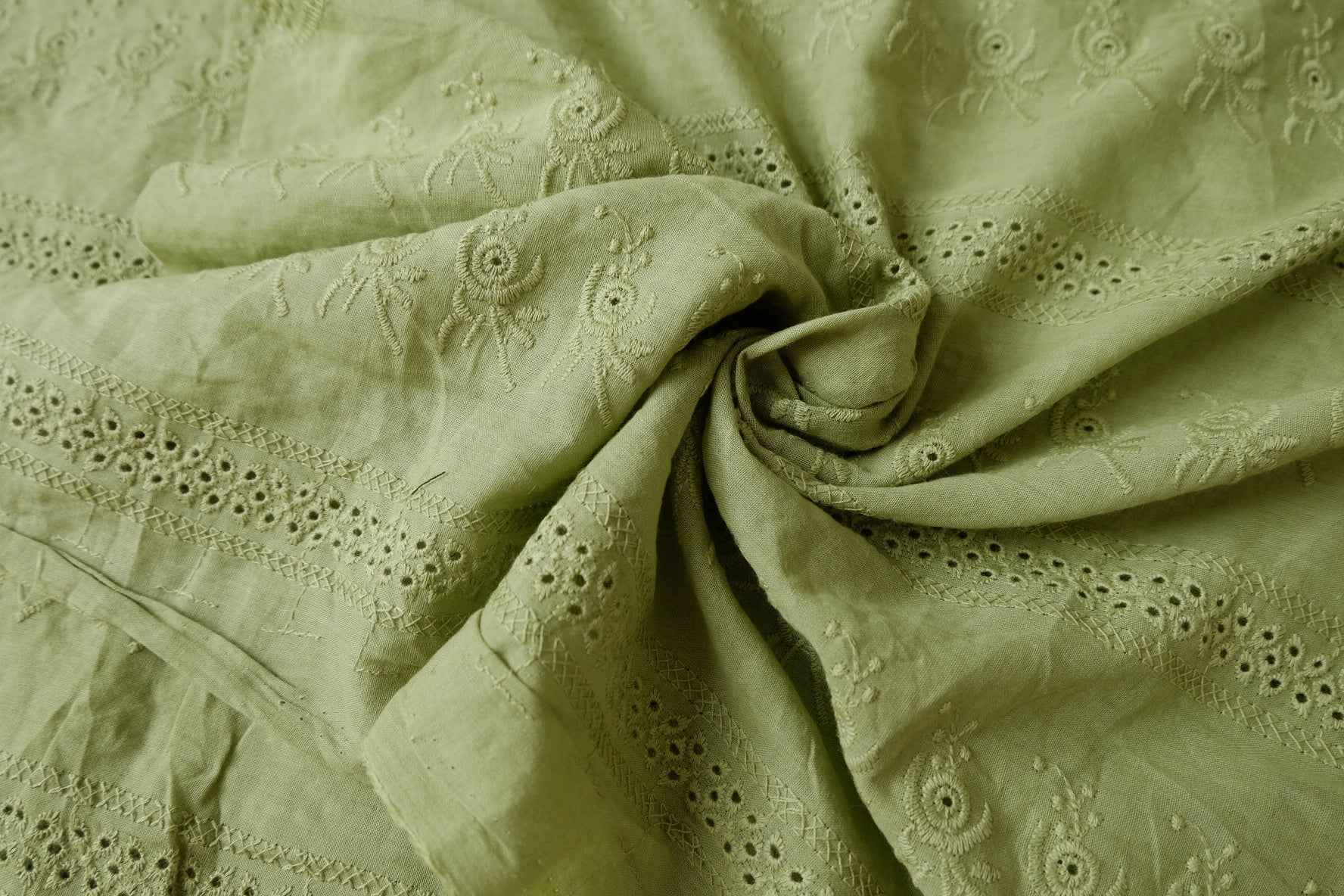 Sage Green Cotton Eyelet Embroidery Fabric - 2.19 Yards