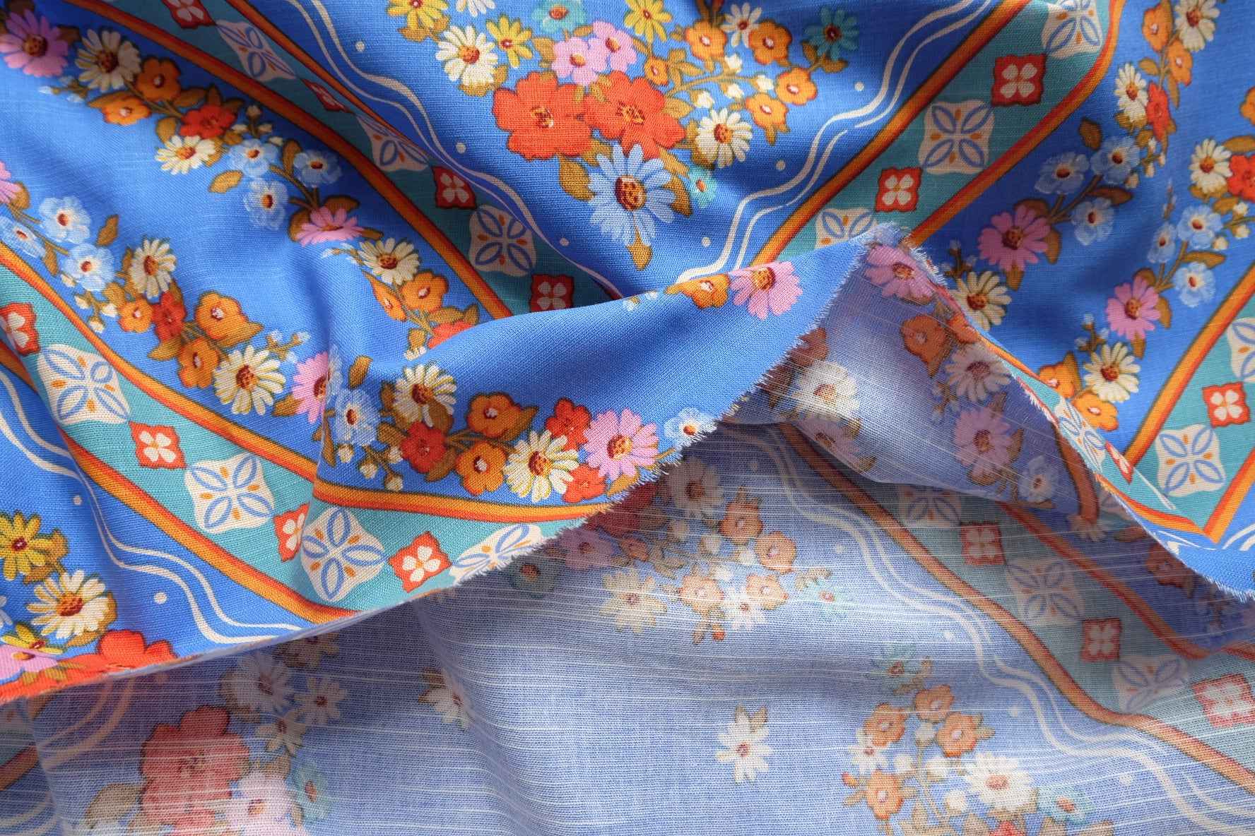 Blue Border Floral Cotton Linen Fabric, Lightweight Printed Woven, 2.19 Yards