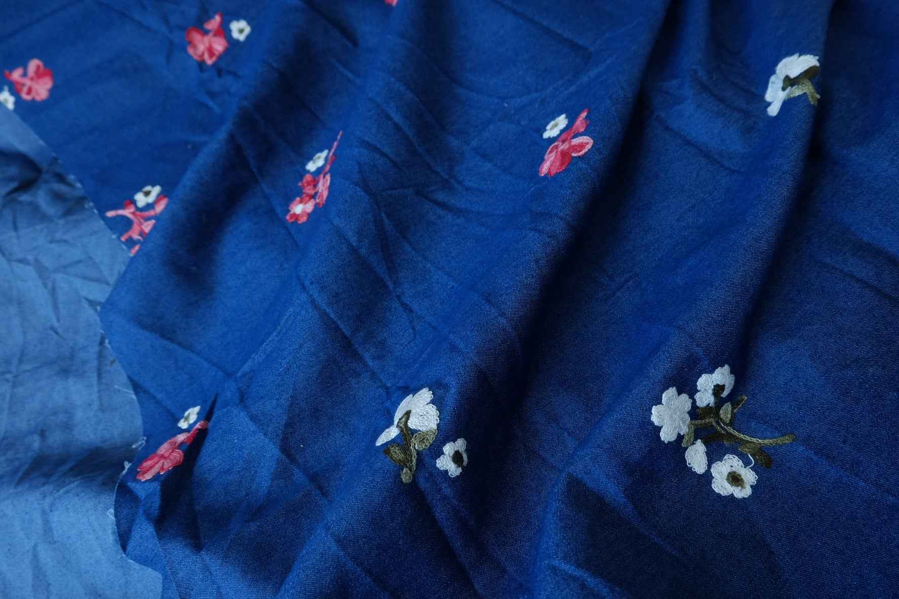 Indigo Embroidered Cotton Denim Fabric - 2.19 yd