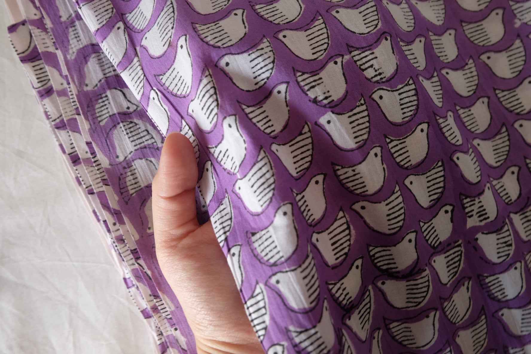 Indian Hand Block Printed Cotton Fabric – Purple Bird Pattern – Sold by the Meter