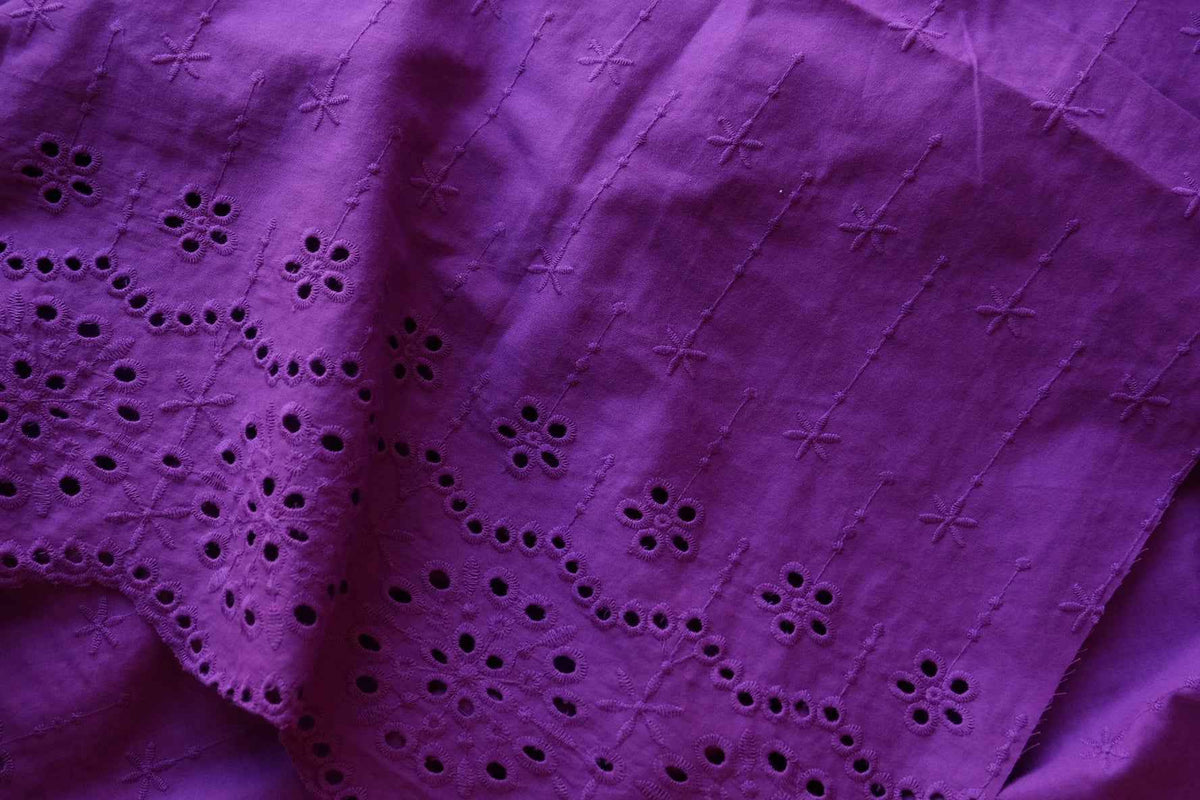 Royal Purple Floral Eyelet Embroidered Cotton with Double Scalloped Borders – 3.28 yd