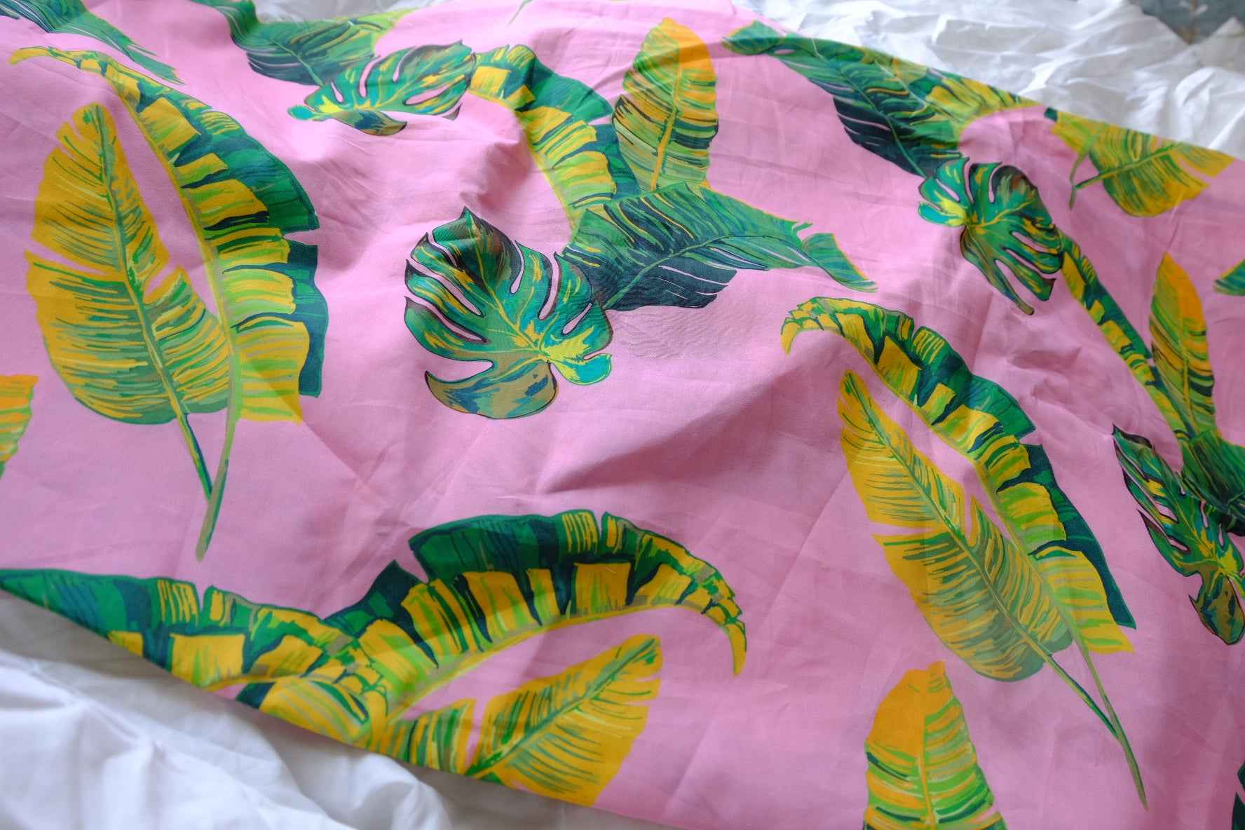 Pink Tropical Leaf Cotton Poplin Fabric - 3.28 yd