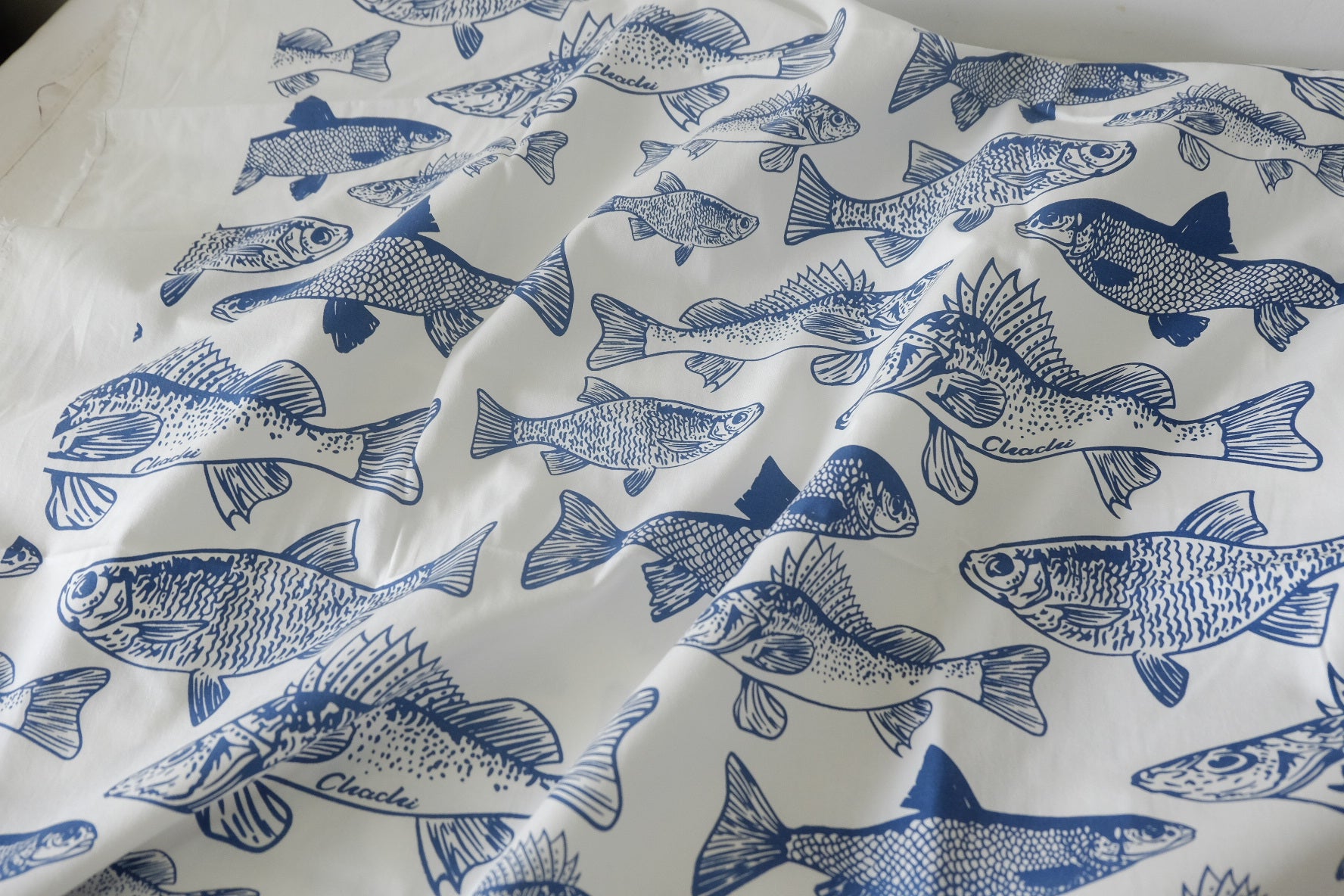Blue Fish Print Cotton Poplin Fabric – 2.2 Yards