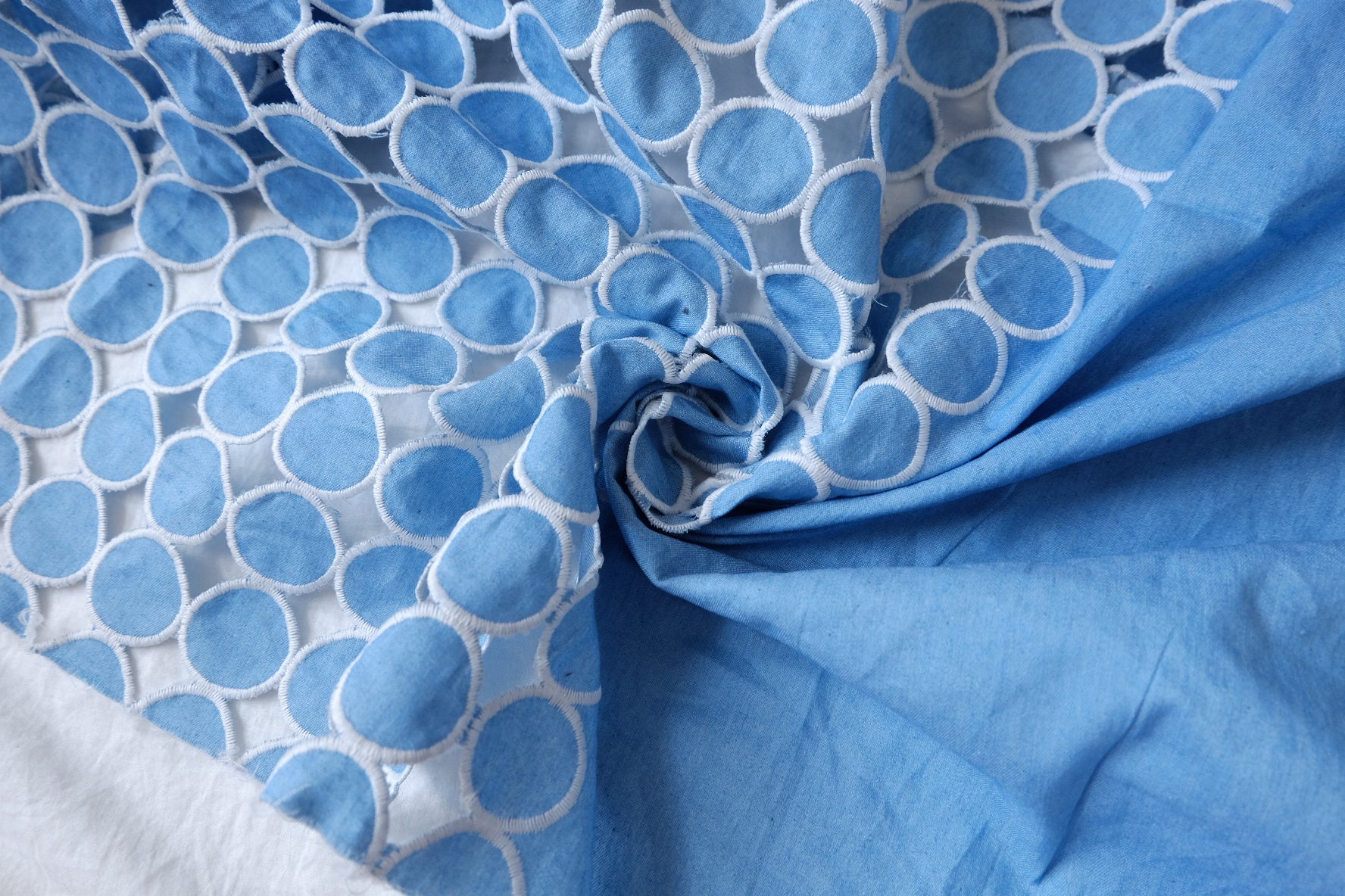 Blue Circle Eyelet Embroidered Denim Fabric - 1.75 yd