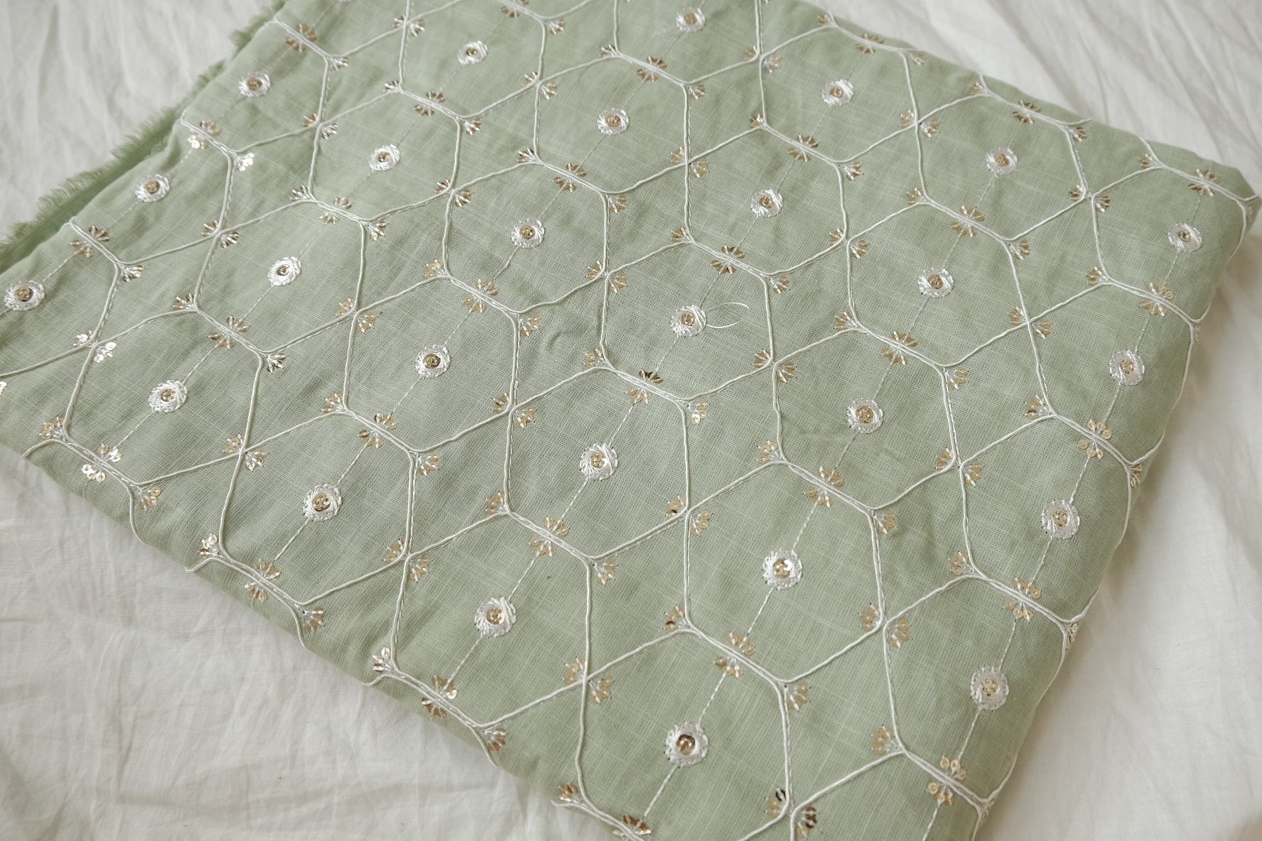 Sage Embroidered Linen Cotton with Sequin Detail, 2.19 Yards