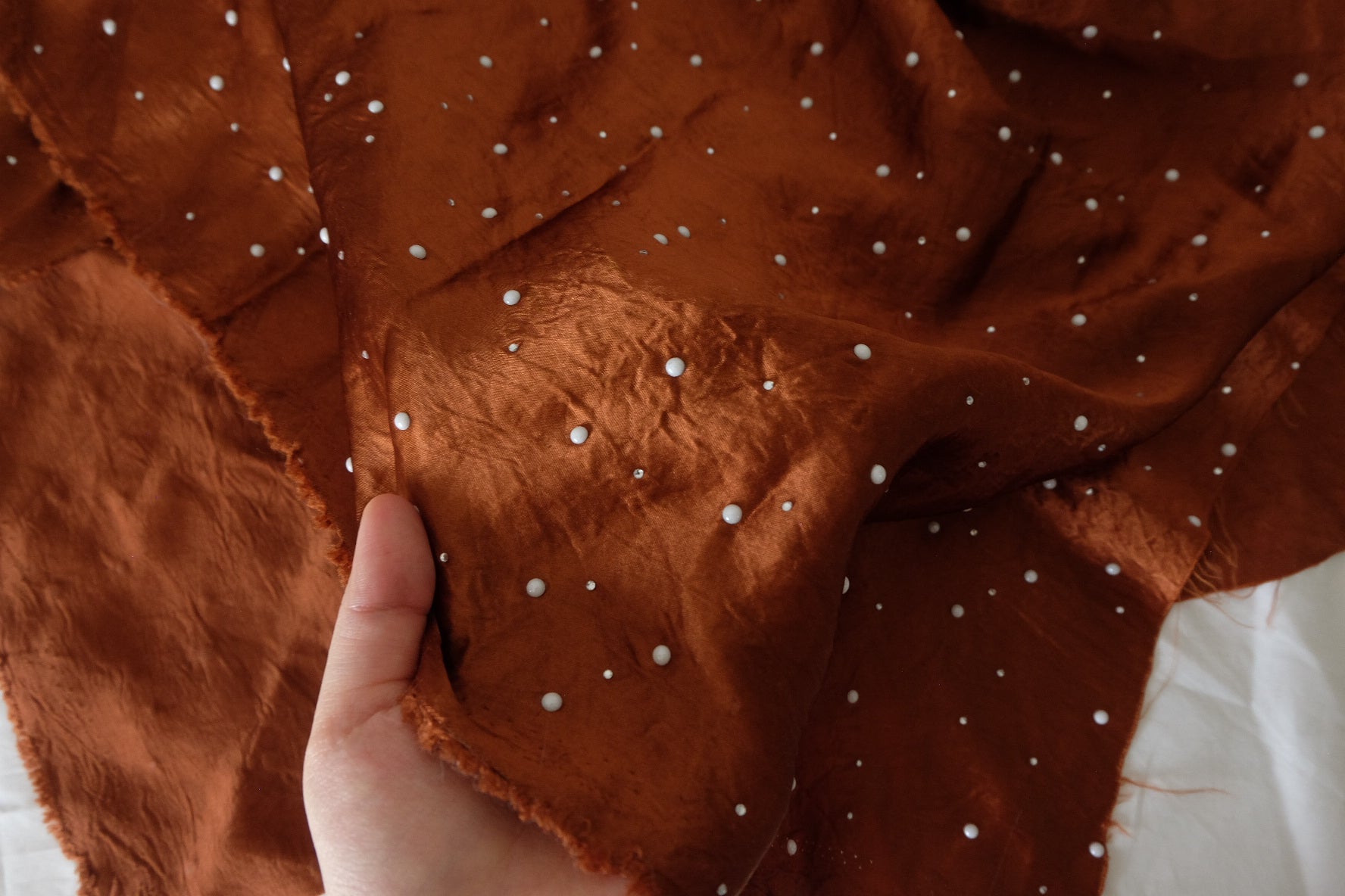 Burnt Copper Pearl-Embellished Acetate Blend Satin – 2 yd