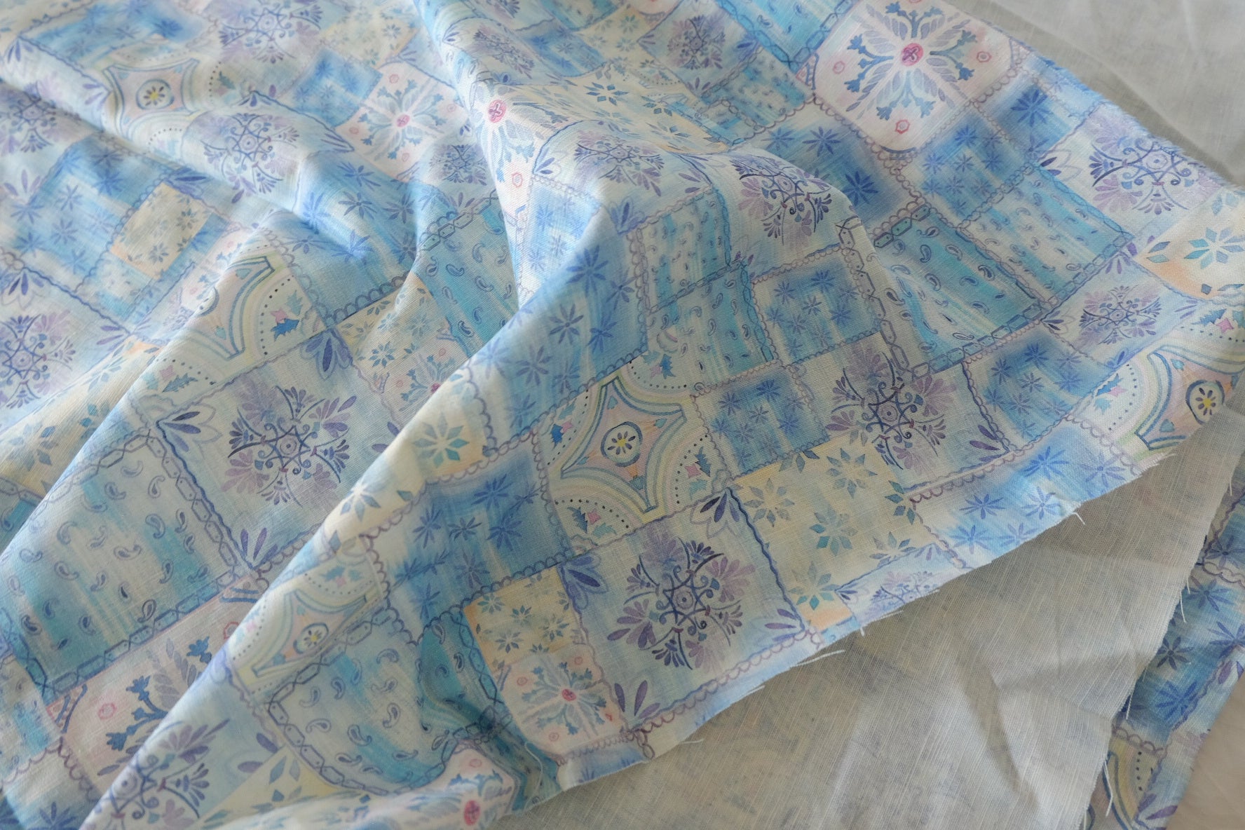 Blue Mosaic Patchwork Lyocell Linen Fabric, 1.64 Yards