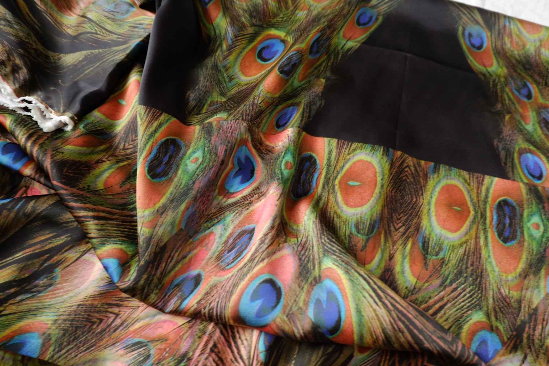 Peacock Feather Border Print Satin Fabric - 0.9 Yards