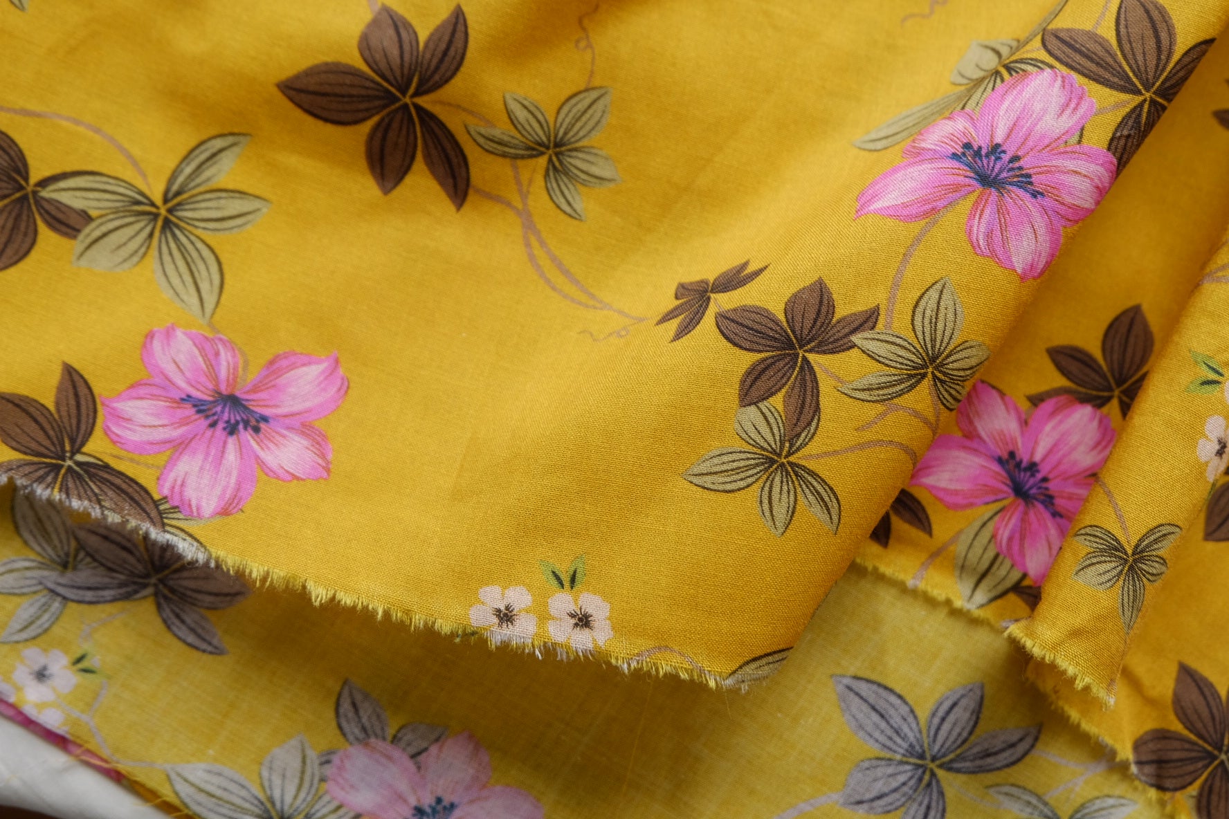 Mustard & Pink Floral Cotton Lawn – 2.2 yd