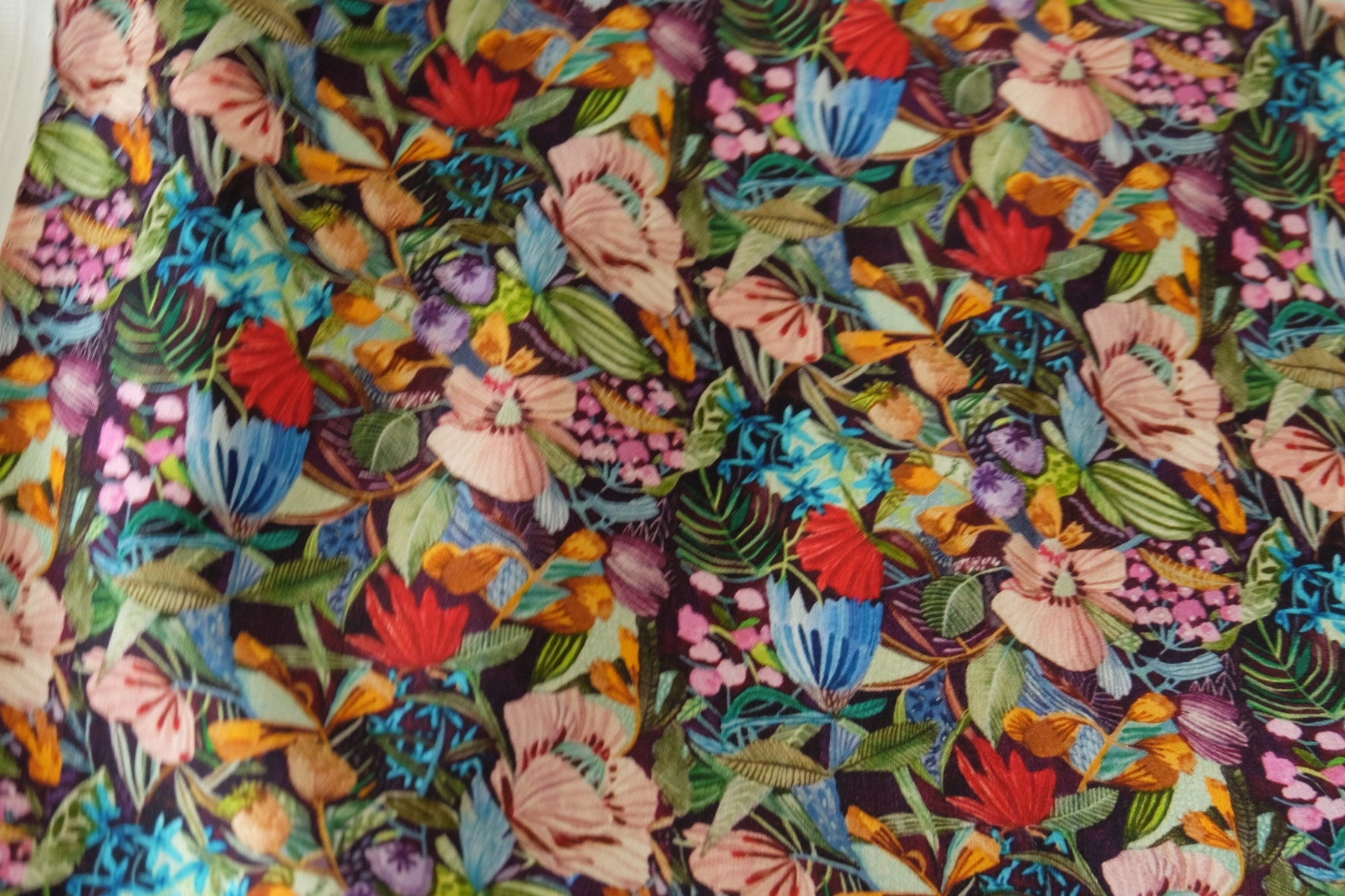 Silky Rayon Satin Fabric – Colorful Tropical Floral Print on Dark Background – 2.2 yd