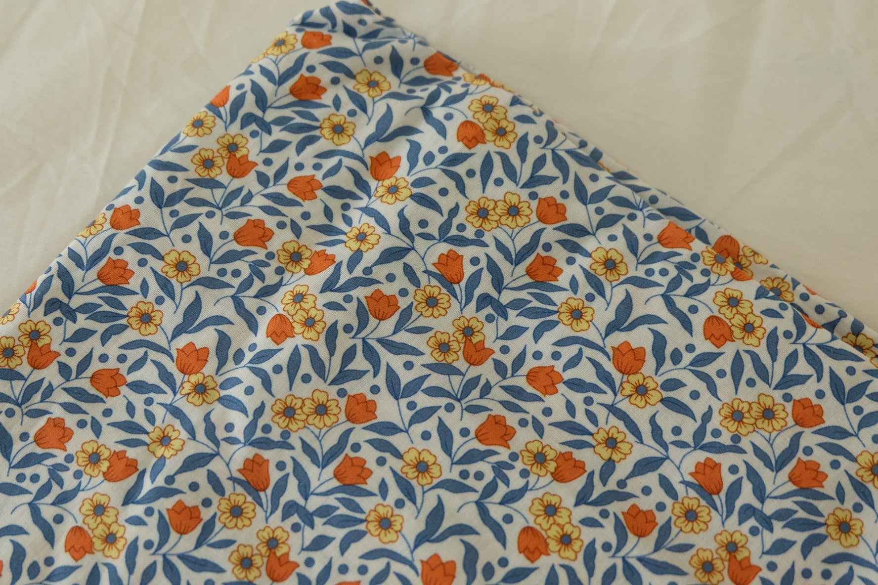 Cotton Poplin Floral Fabric – Blue Leaf & Orange Floral Print-1.9 yds
