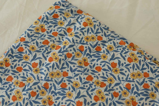 Cotton Poplin Floral Fabric – Blue Leaf & Orange Floral Print-1.9 yds