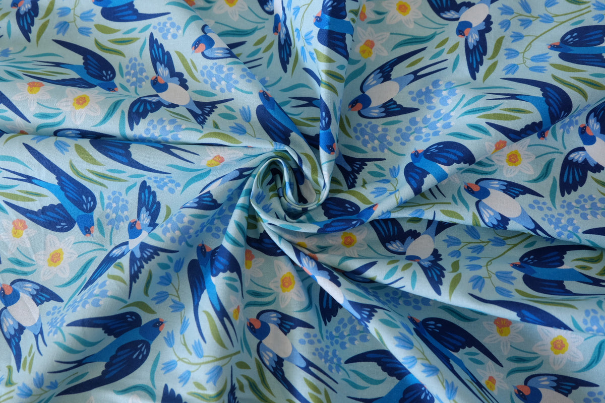 Blue Swallows & Wildflowers – Printed Cotton Fabric – 1.09 yd