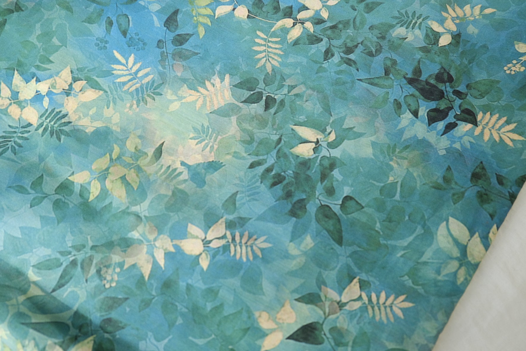 Blue Green Watercolor Leaf Cotton Lawn — 2.19 yd