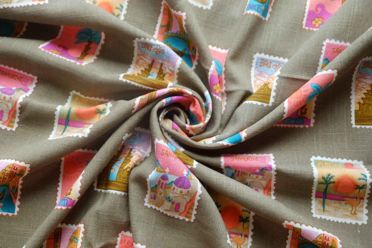 Travel Stamp Print Lyocell Linen — 2.2 yd