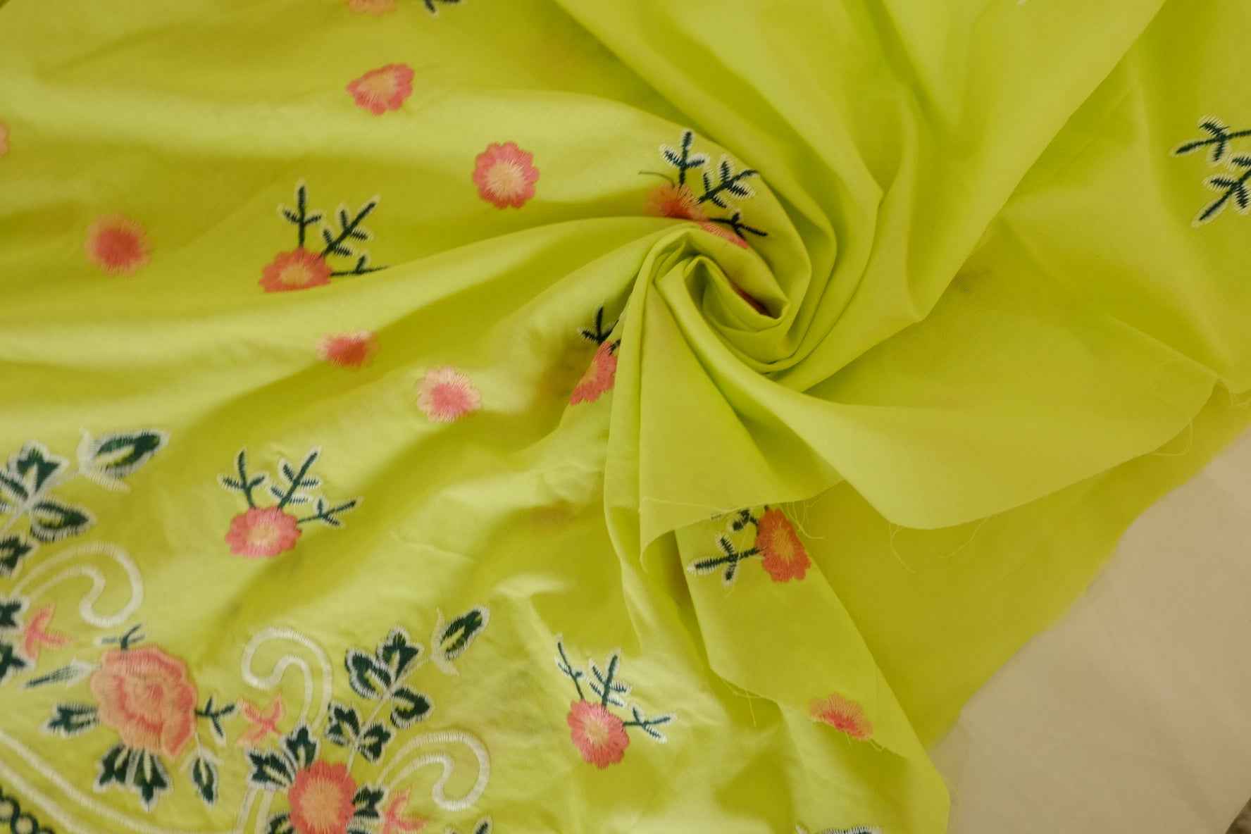 Lime Green Double Border Embroidered Cotton Fabric – 2.5 yd