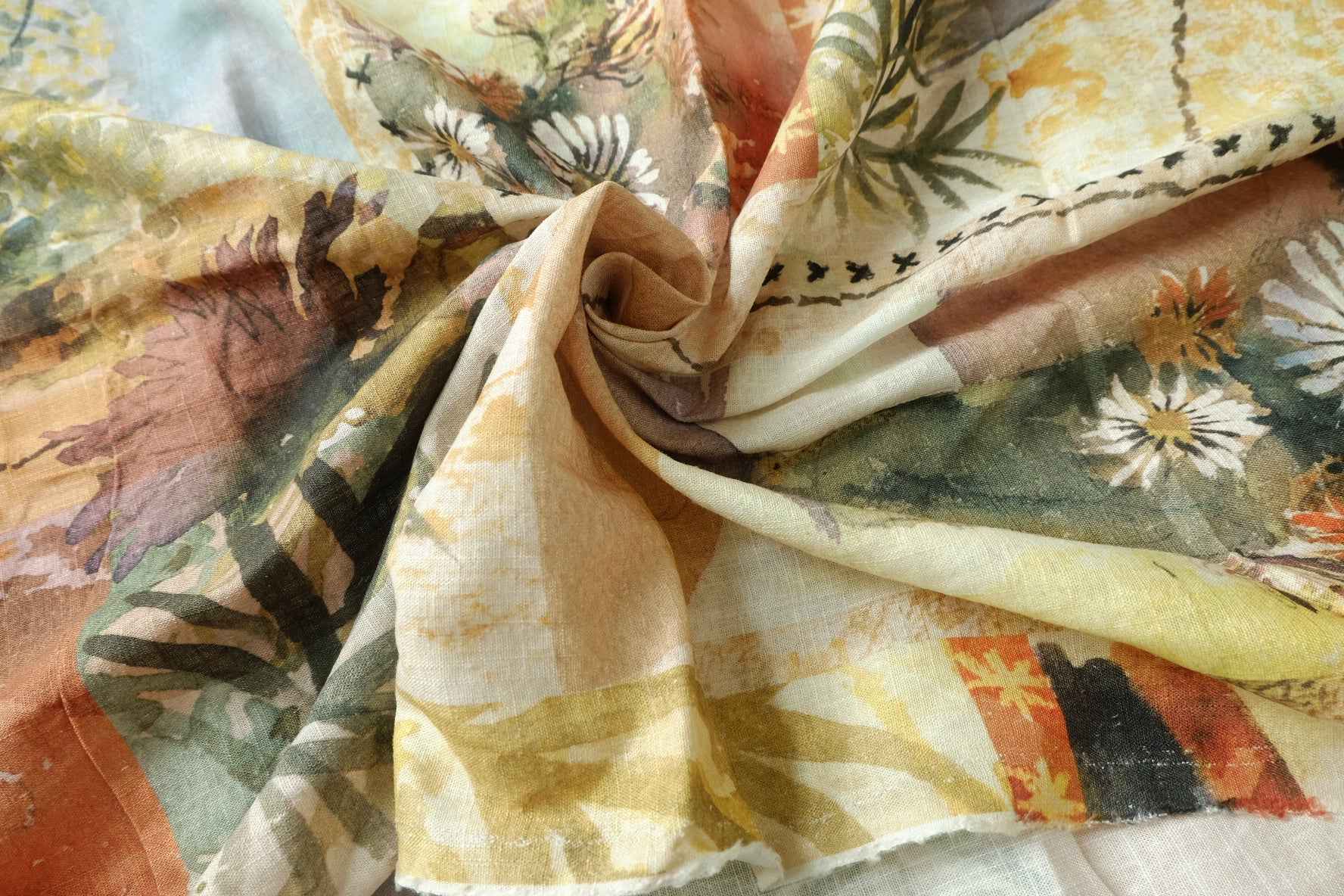Linen Scenic Floral Fabric, Soft Vacation Dress Weight, 2.19 Yards