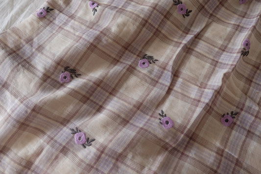 Lavender Flowers on Vintage Plaid – Embroidered Cotton – 1.4 yd