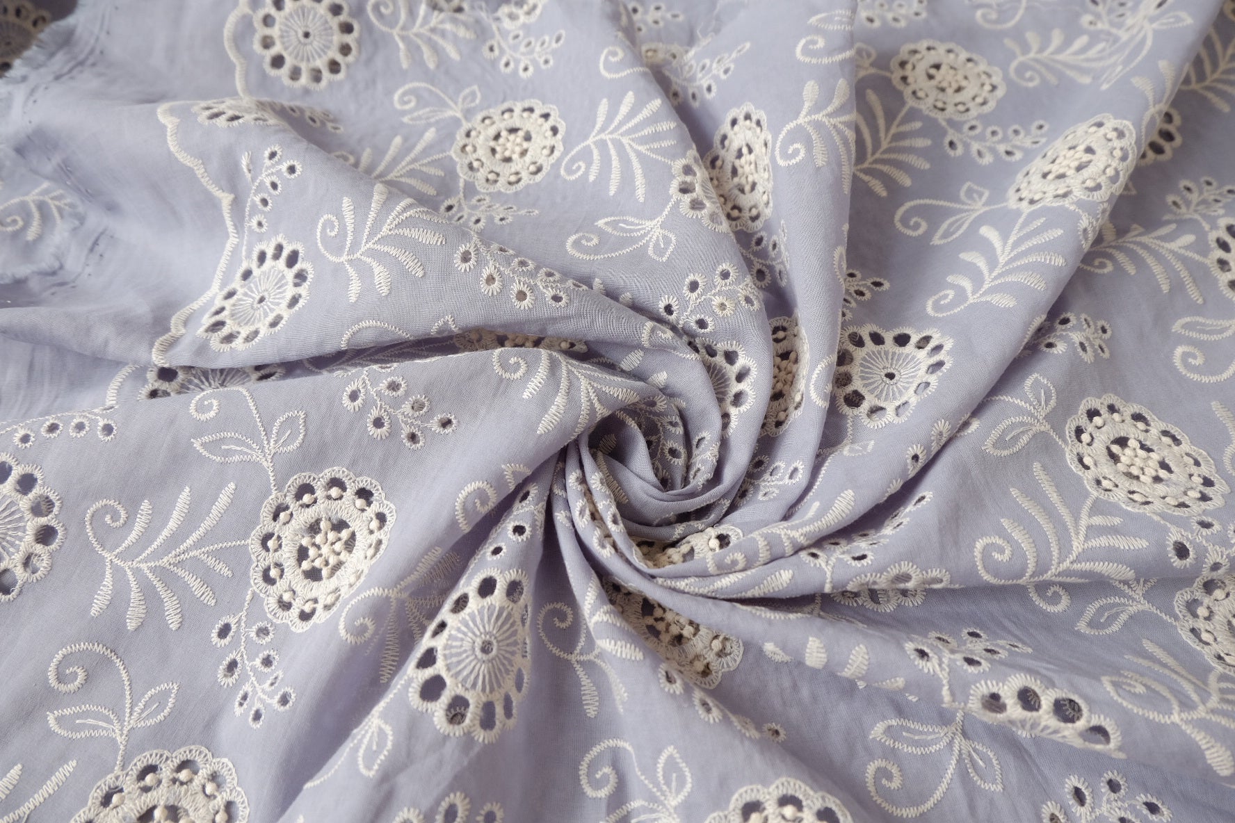 Blue Embroidered Eyelet Cotton Blend with Scalloped Edge, 2.19 Yards
