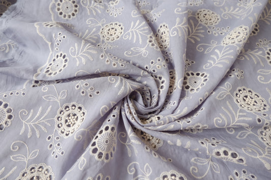 Blue Embroidered Eyelet Cotton Blend with Scalloped Edge, 2.19 Yards