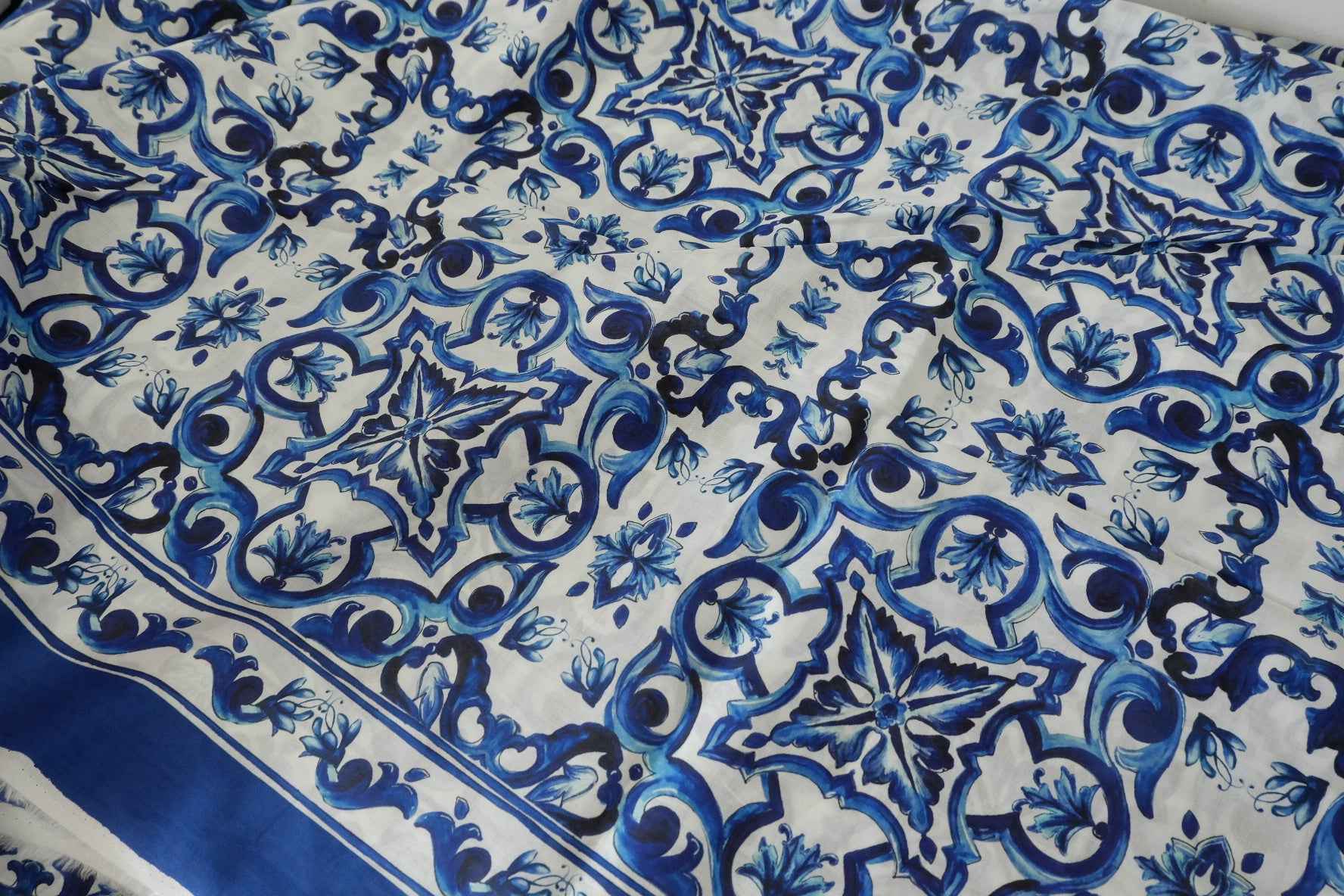 Blue Tile Border Print Cotton Voile Fabric – 3.3 yd