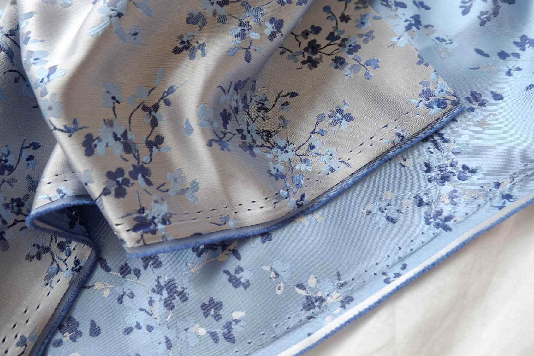 Reversible Blue Floral Brocade Satin Fabric, Soft Dress Weight, 2.19 Yards