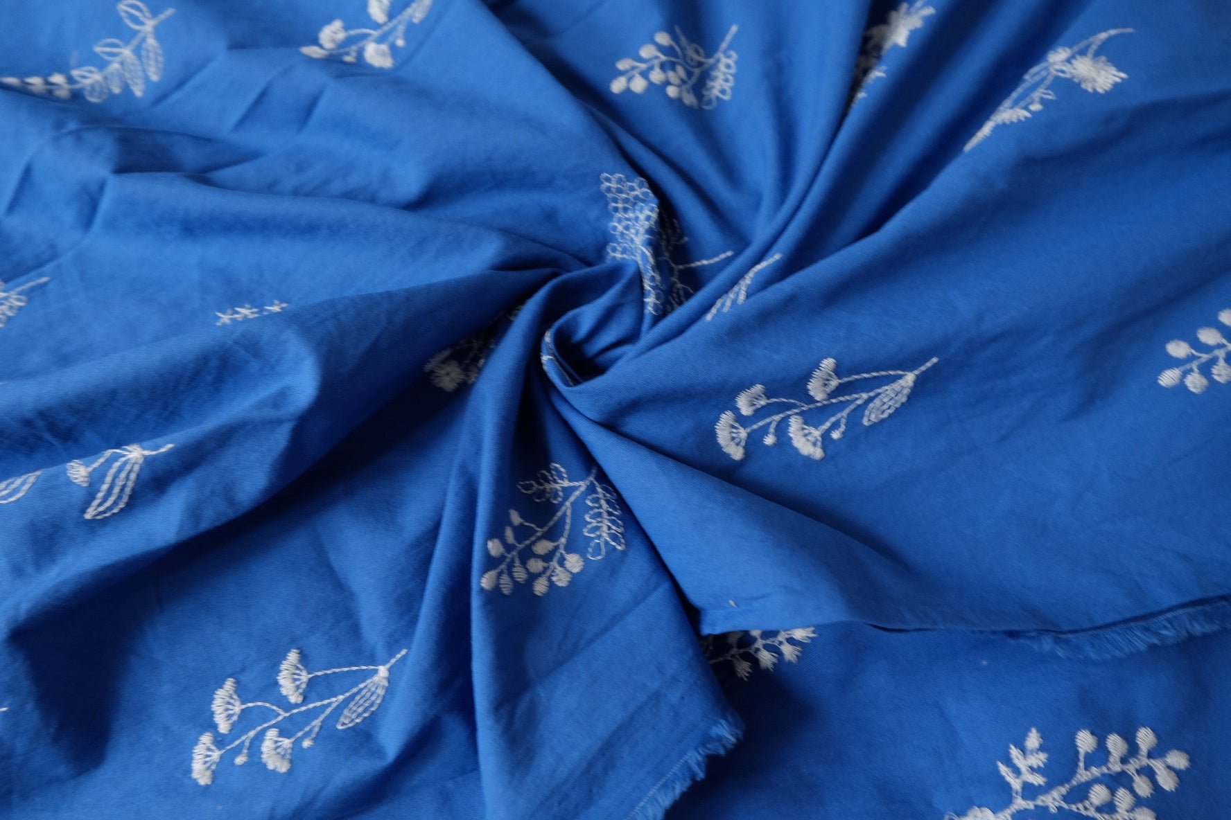 Blue Floral Embroidered Cotton Fabric — 1.64 yd