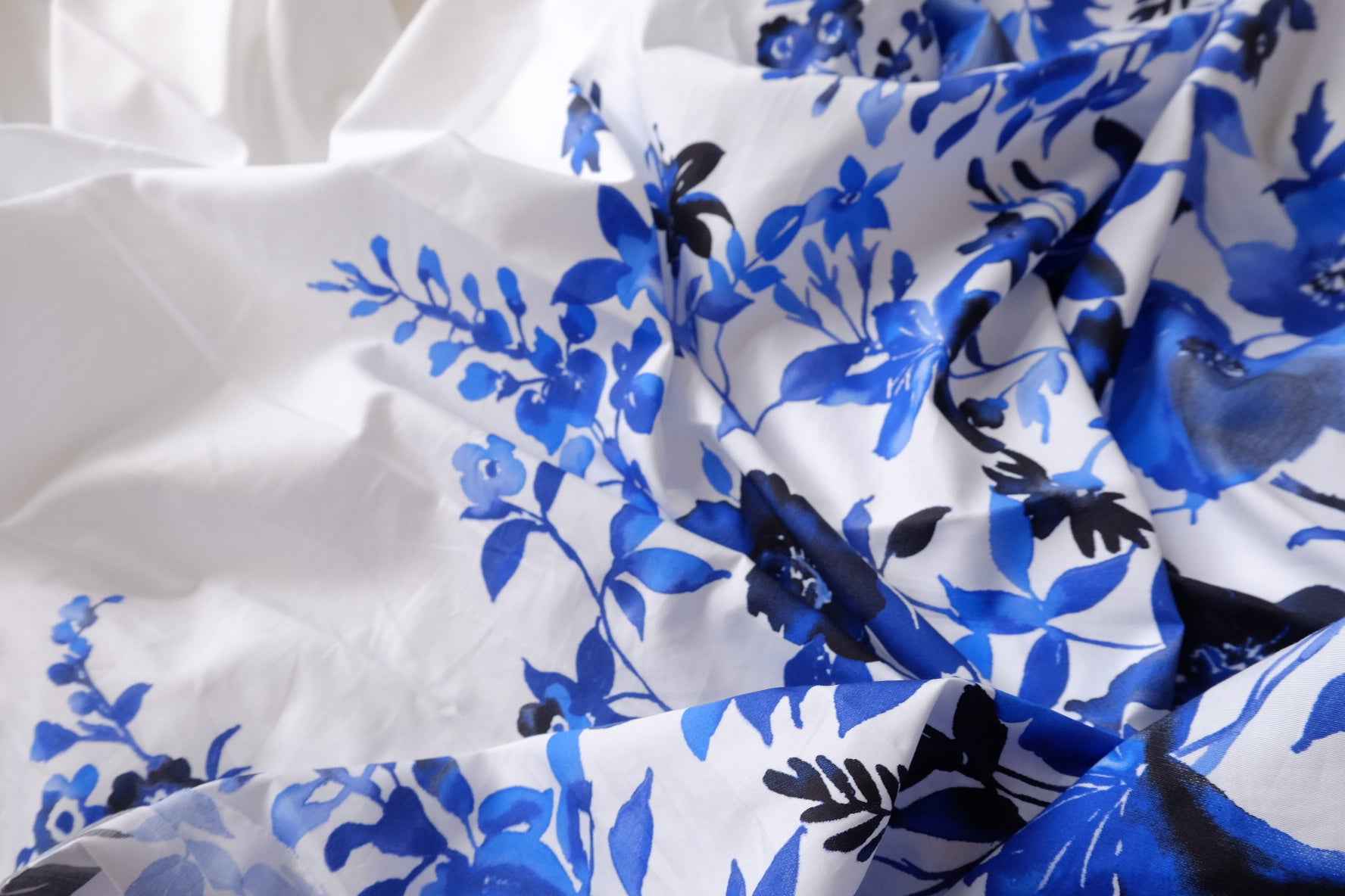 Ink Blue Floral Cotton Poplin Fabric, Border Placement Print, 2.19 Yards