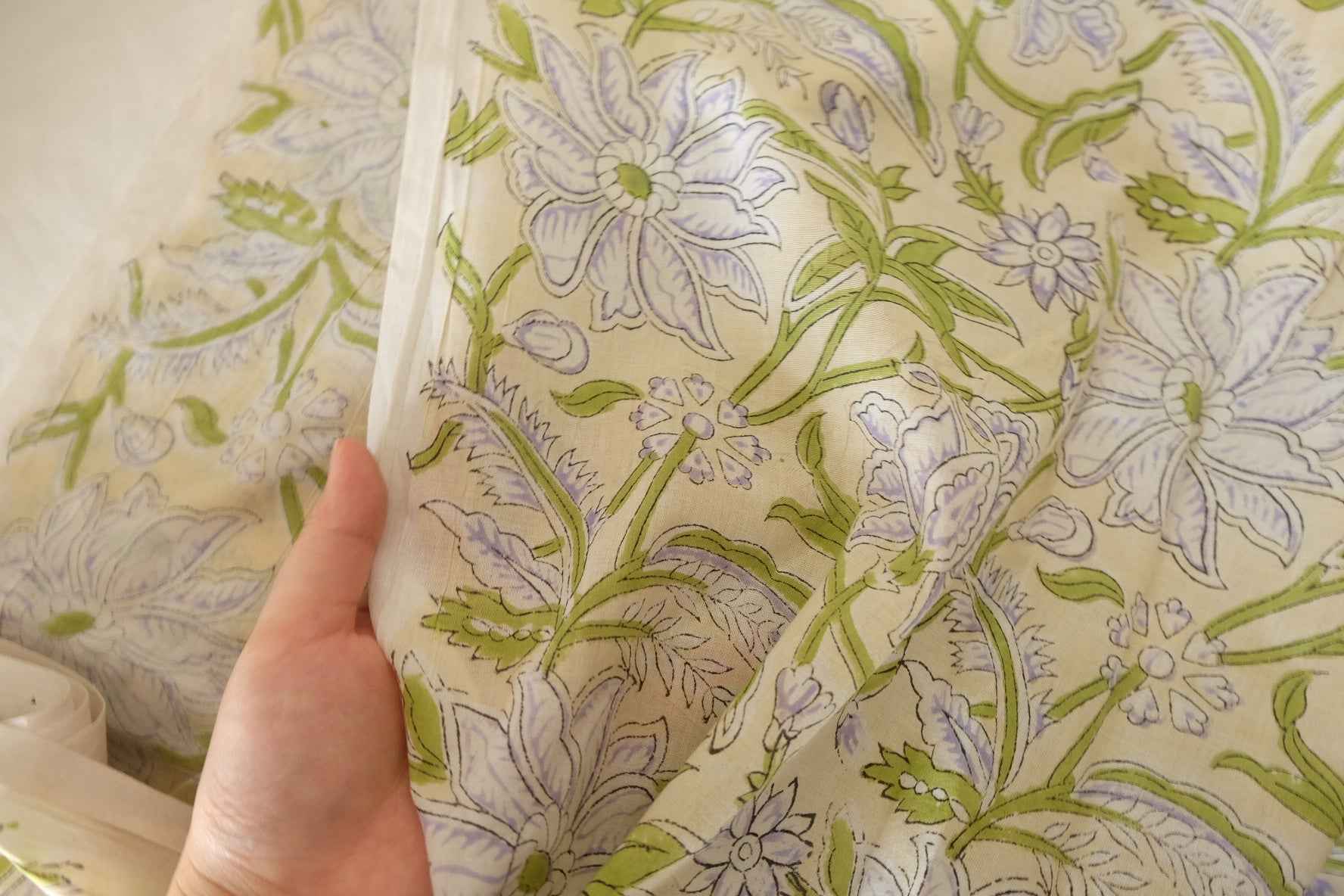 Indian Hand Block Printed Cotton Fabric – Lavender Lotus Vine Pattern – Sold by the Meter