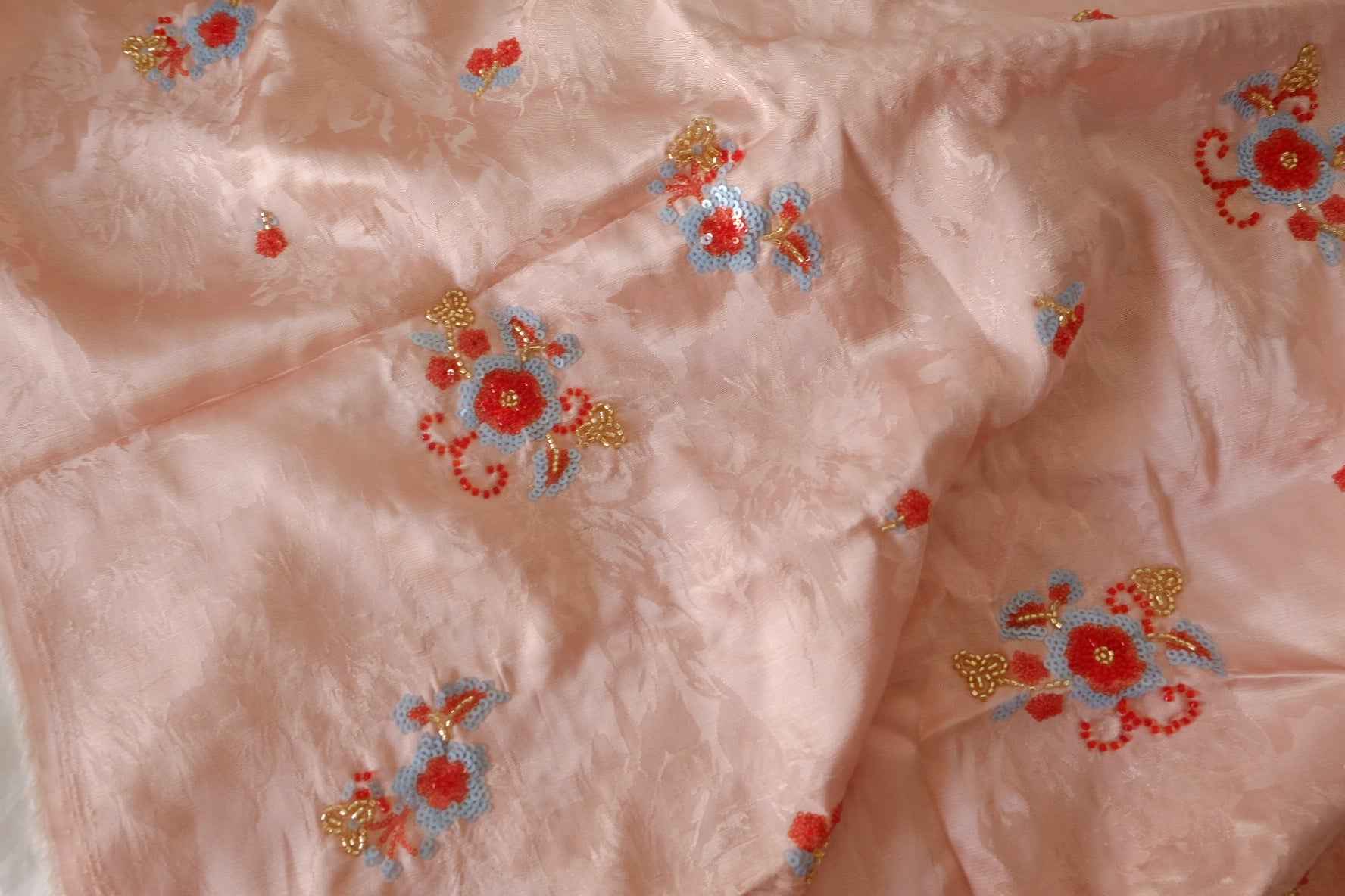 Blush Pink Beaded Jacquard Satin Fabric – 1.6 yd