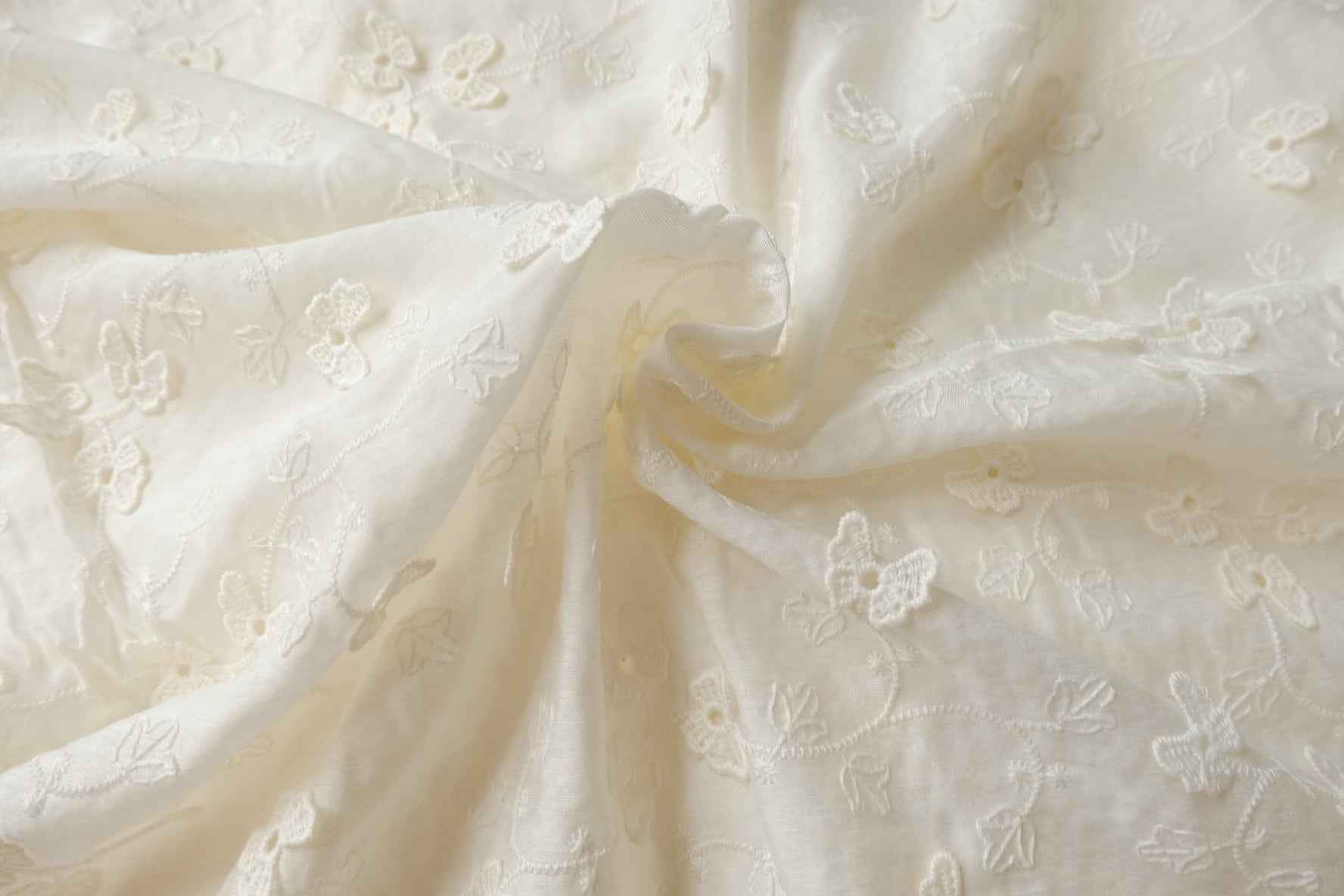 Ivory Floating Floral Embroidered Tencel Cotton Fabric, Romantic Semi-Sheer Dress Weight, 2.19 Yards