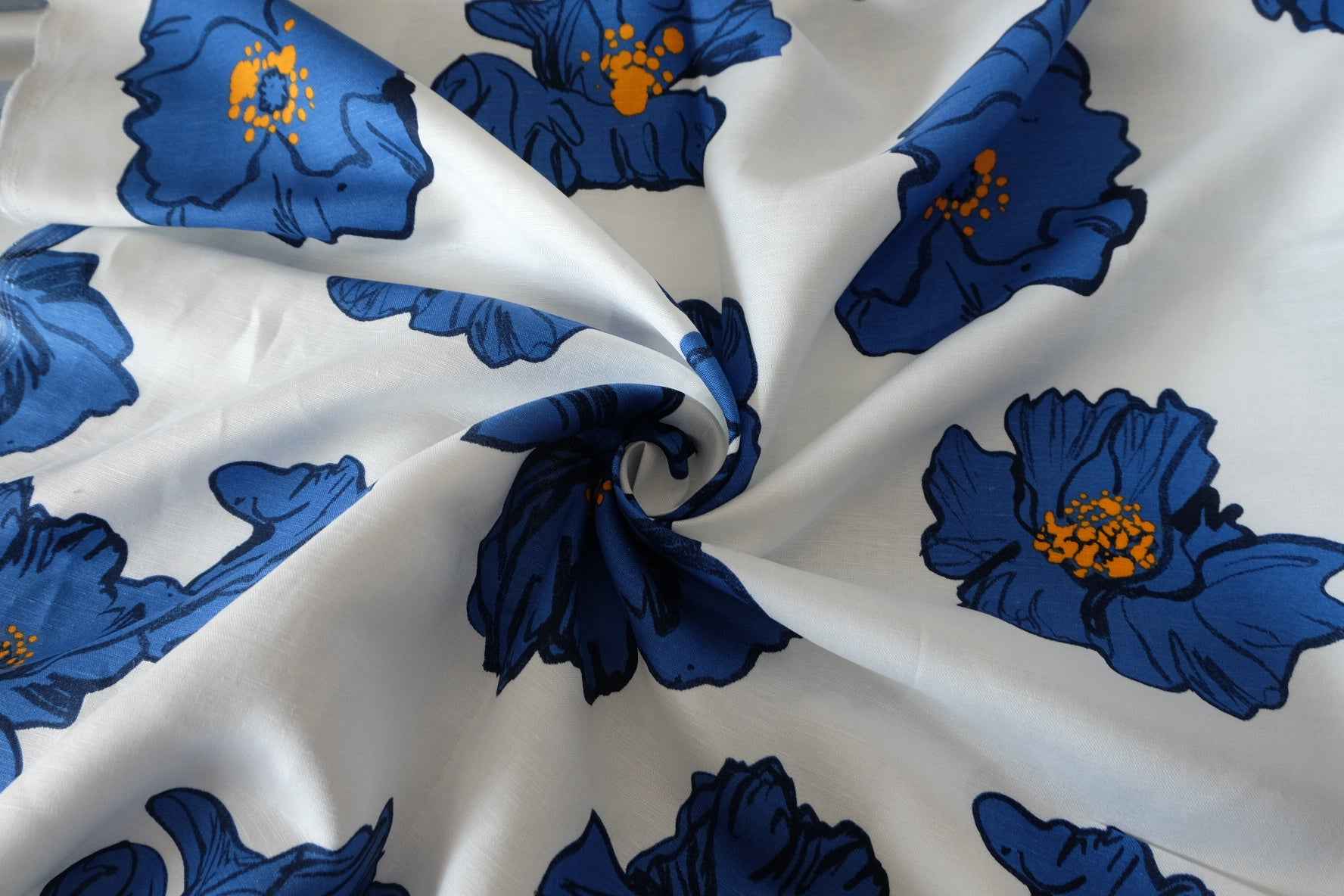 Designer Linen Cotton Blend Fabric – Blue Floral Print – 2 yd