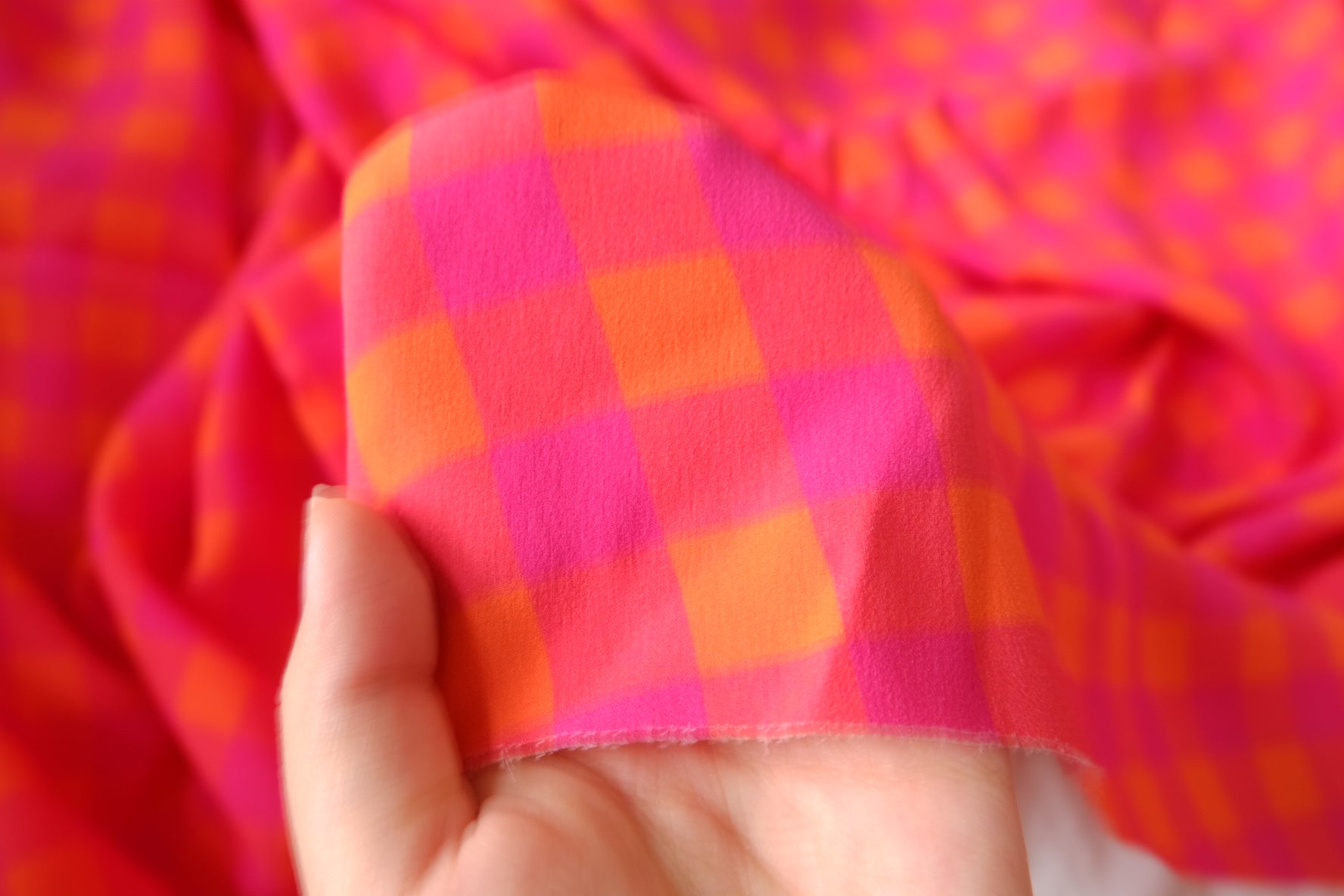 Bold Pink & Orange Checked Cupro Fabric, 3.28 Yards