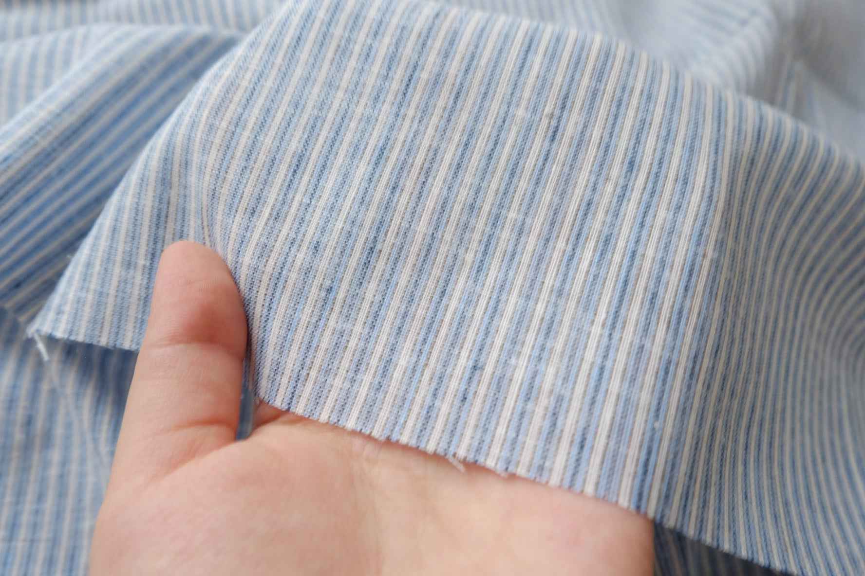 Blue Stripe Ramie Cotton Linen Fabric, Crisp Summer Weight for Tops and Shorts, 2.19 Yards