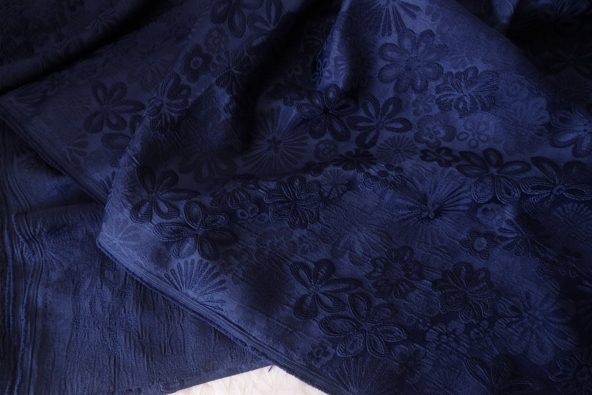 Midnight Blue Floral Jacquard – Polyester Satin Brocade Fabric | 2.2 Yards